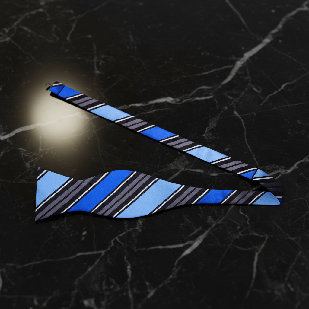 A Black, Blue Stripe Pattern self Tie Bow Tie 