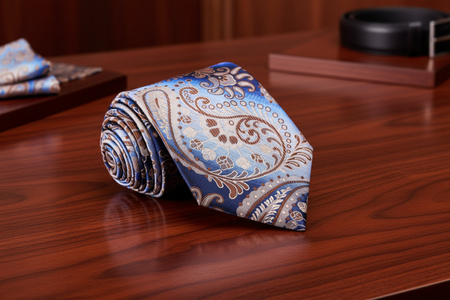 A Light Blue, Blue, Brown Paisley Pattern Necktie 