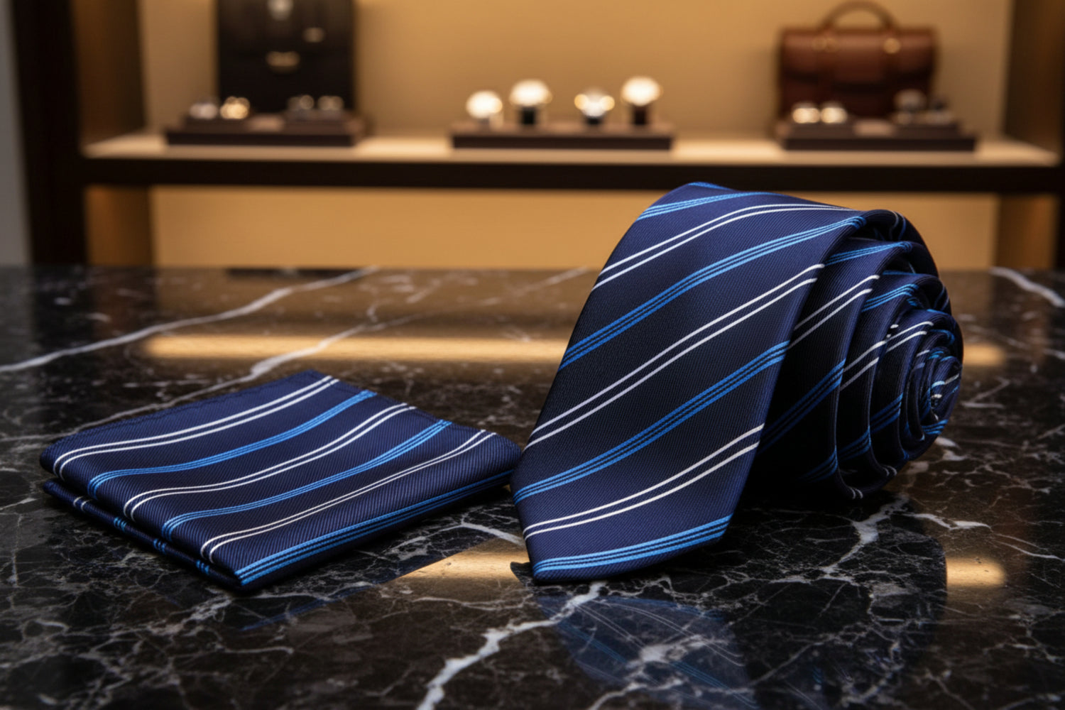 Alt View: A Dark Blue, Light Blue, White Stripe Necktie, Pocket Square