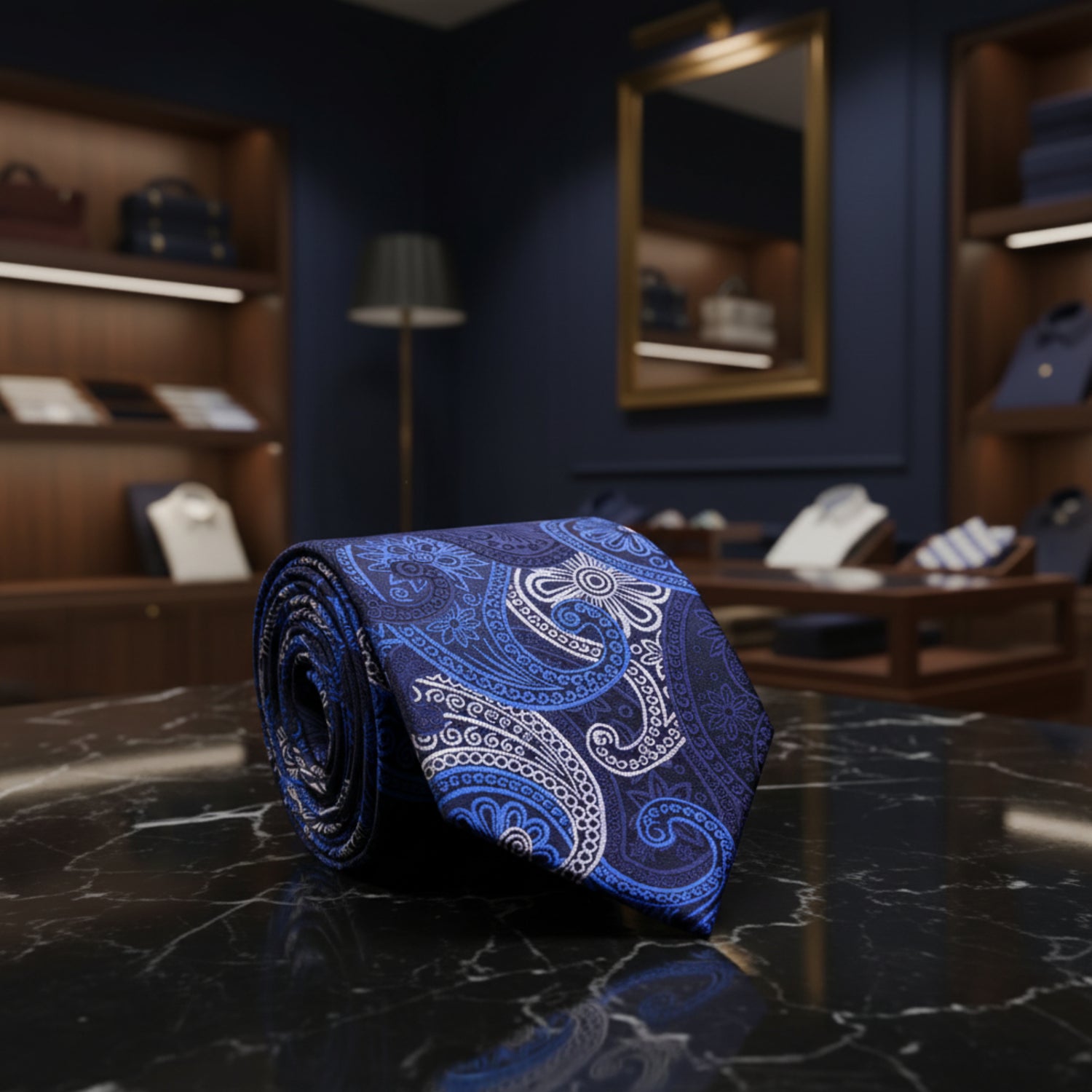 A Dark Blue, White, Light Blue Paisley Pattern Necktie  