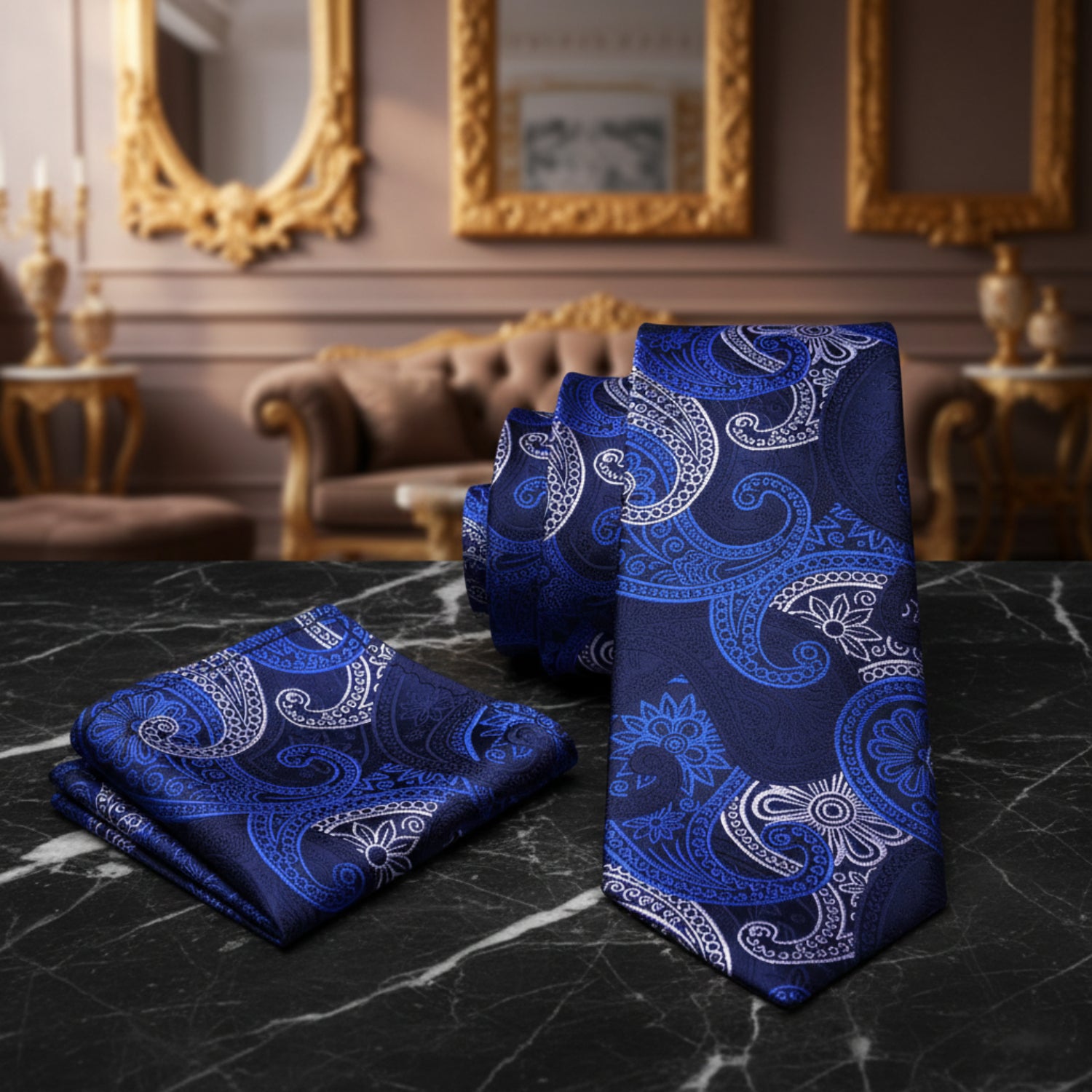Alt View: A Dark Blue, White, Light Blue Paisley Pattern Necktie With Matching Pocket Square