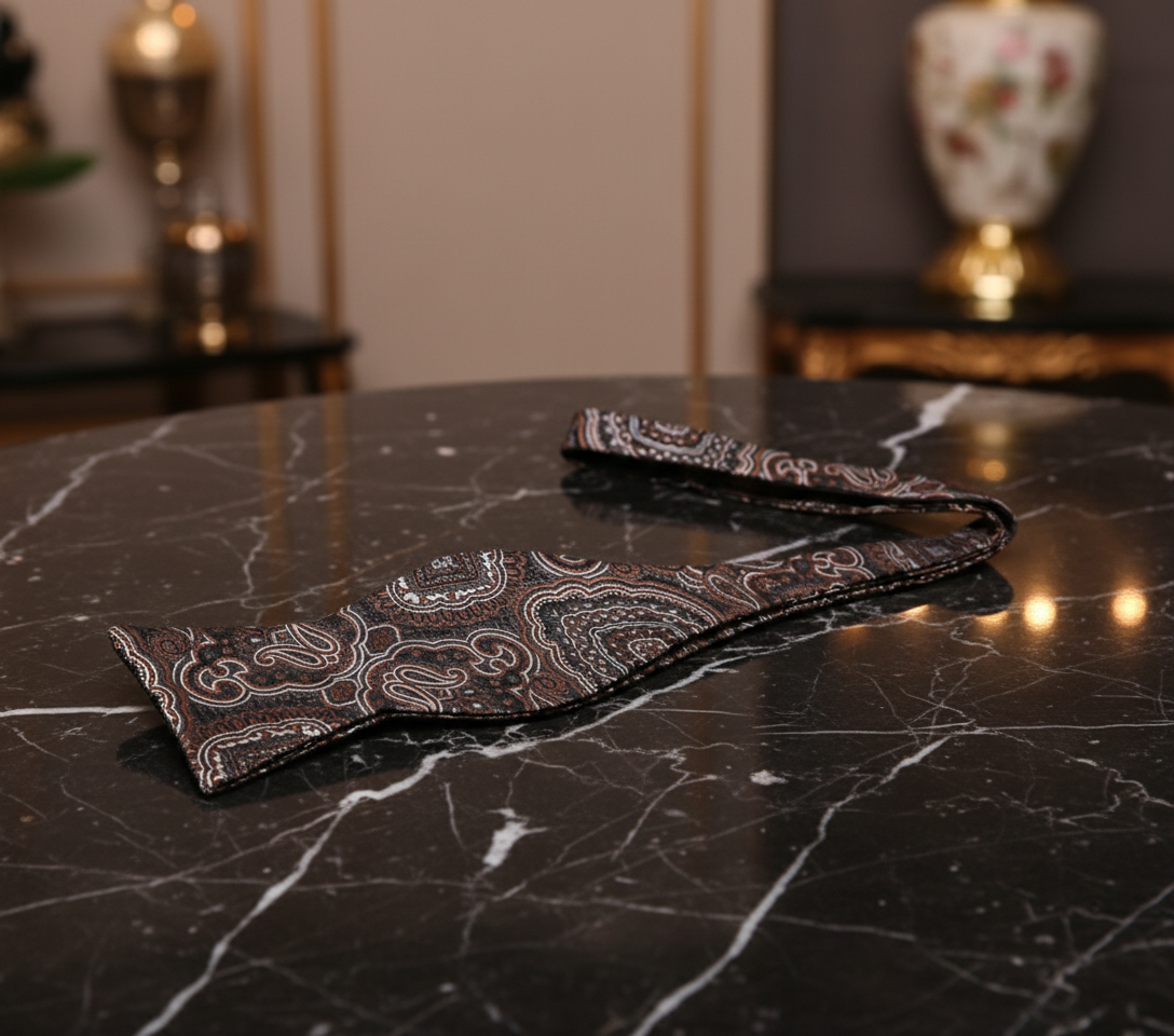 A dark brown and white paisley self-tie bow tie displayed on a white background, with a matching pocket square shown folded.