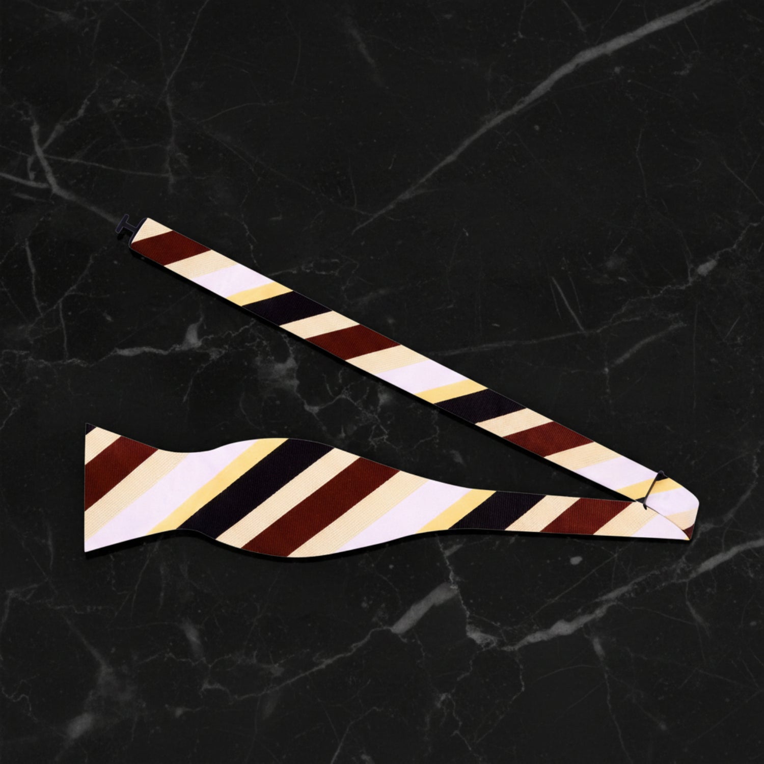 A Cream, Brown, Black Stripe Pattern Self Tie Bow Tie Untied