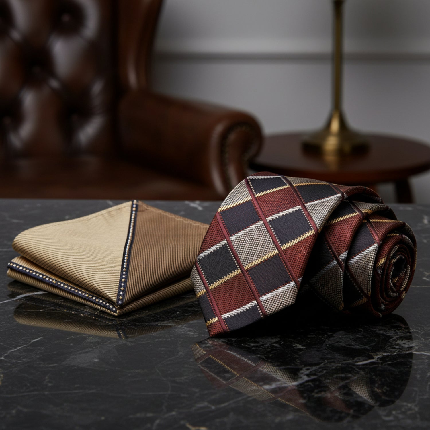 Alt View: Shades of Brown Geometric Diamonds Necktie and Accenting Brown Square