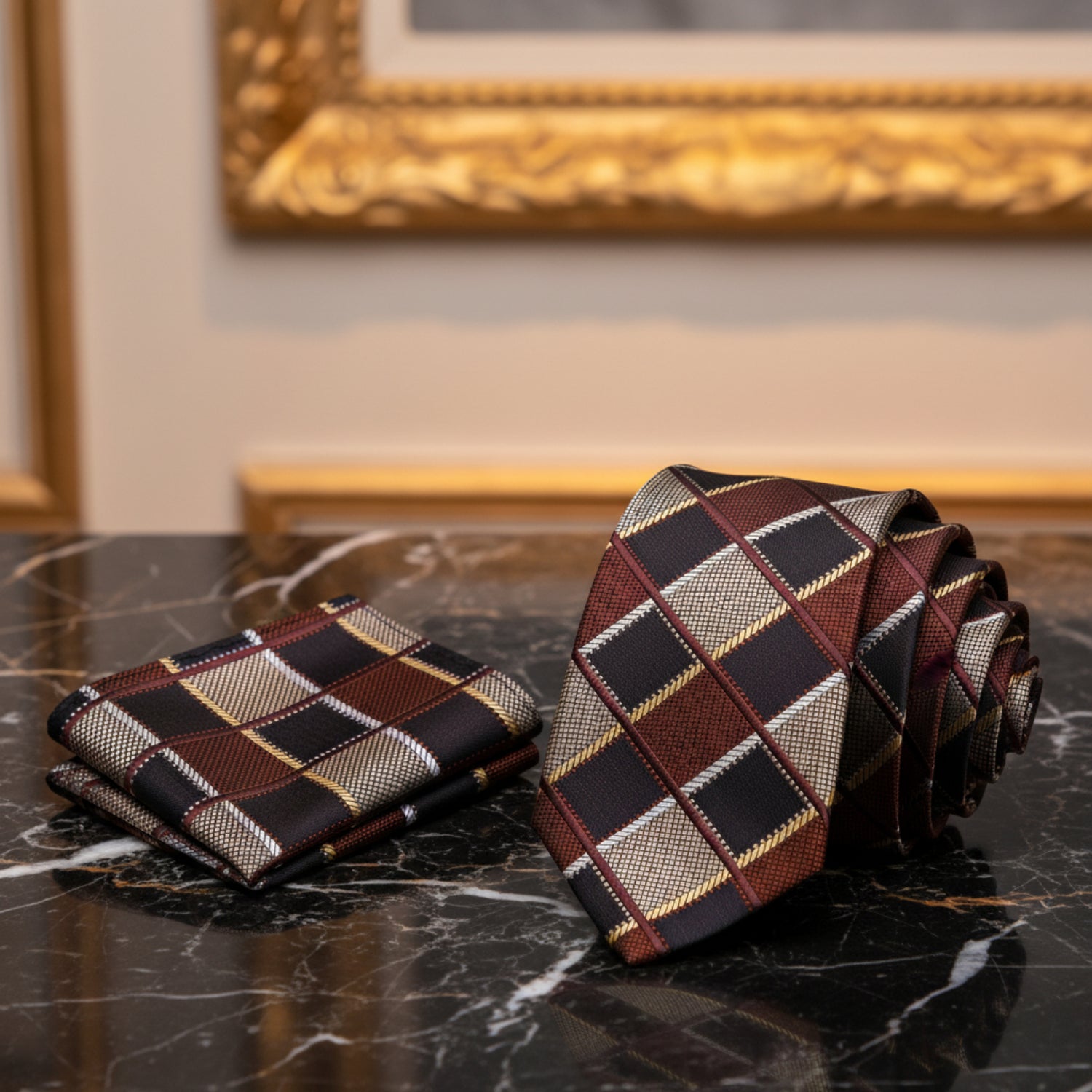 Alt View: Shades of Brown Geometric Diamonds Necktie and Matching Square