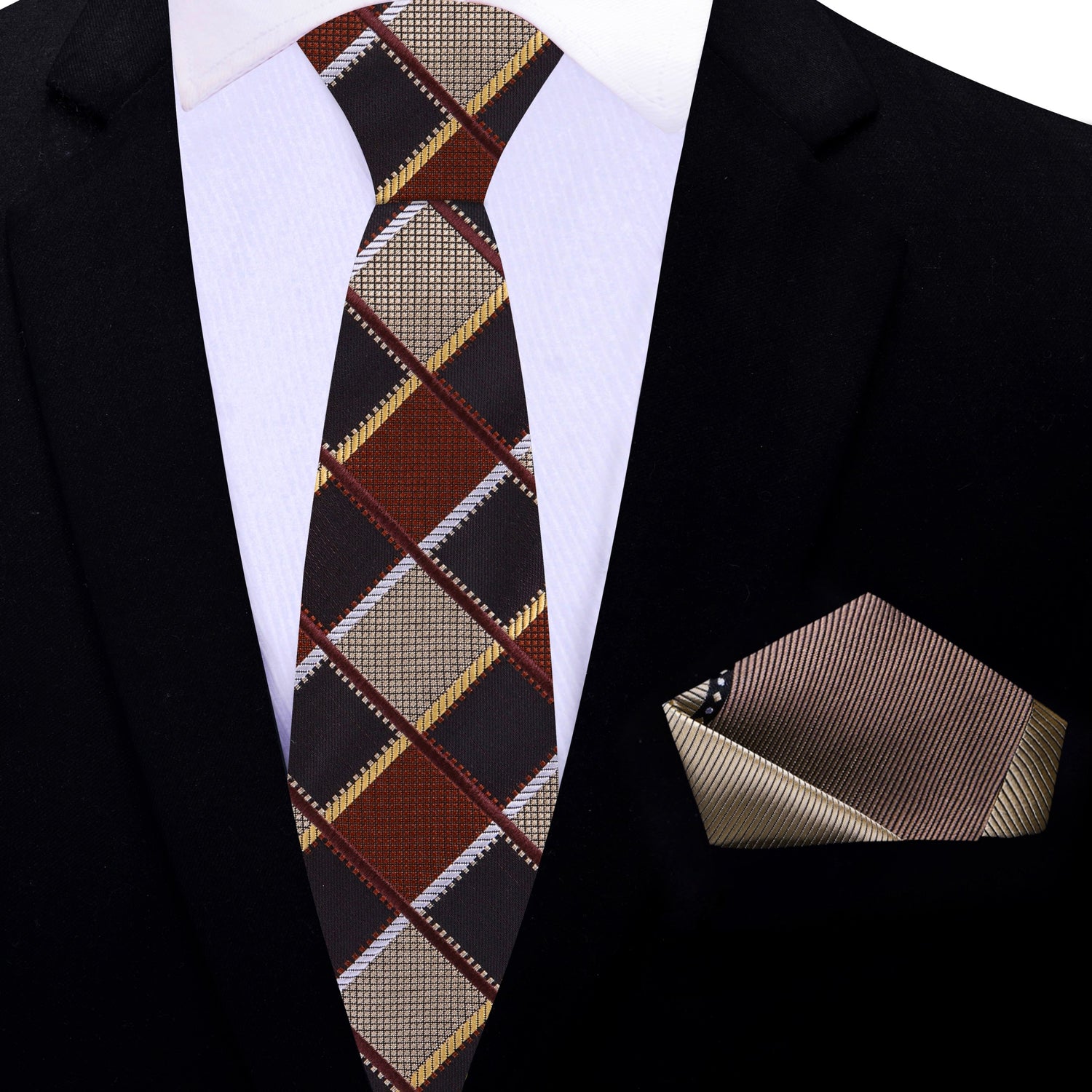 Thin Tie: Shades of Brown Geometric Diamonds Necktie and Accenting Brown Square