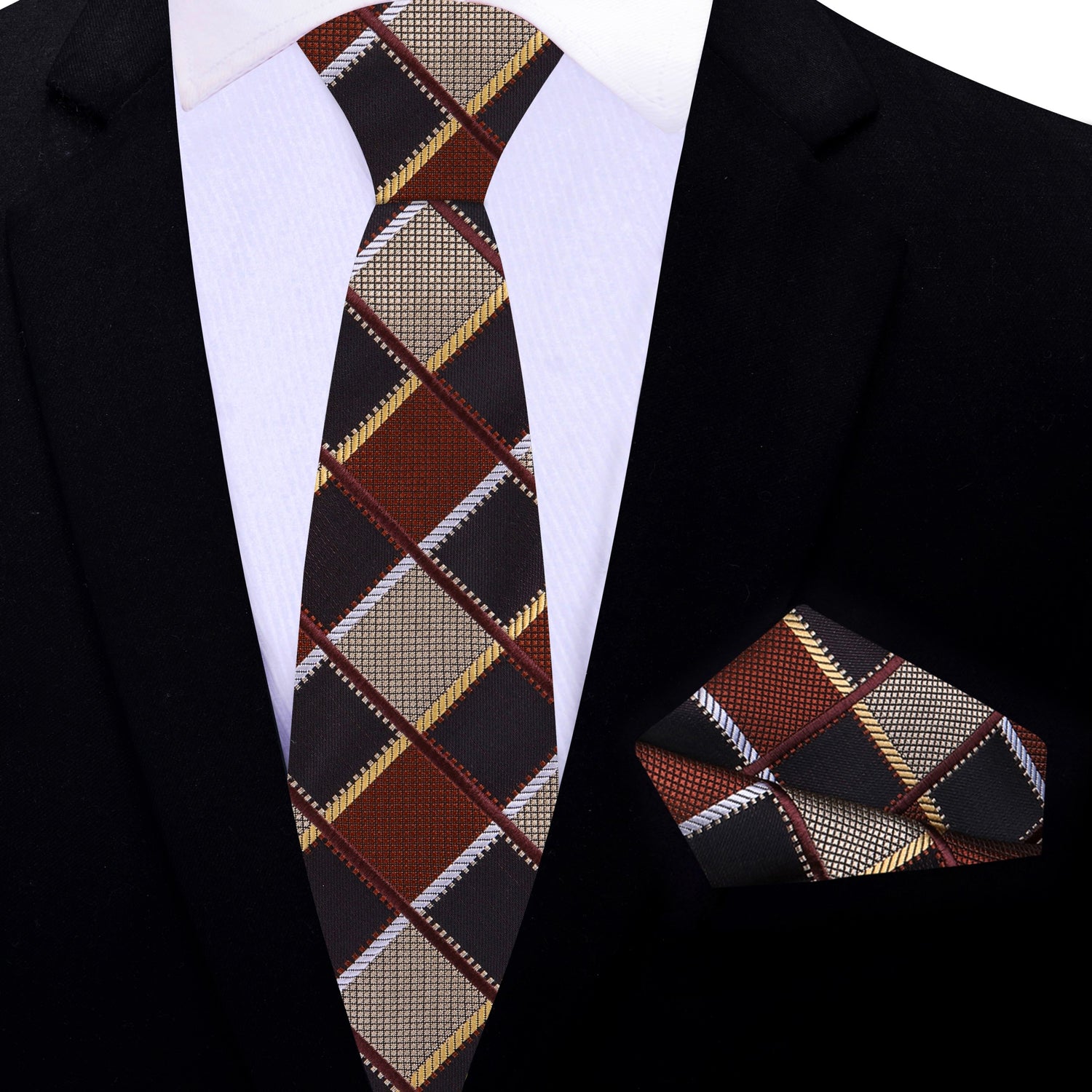 Thin Tie: Shades of Brown Geometric Diamonds Necktie and Matching Square