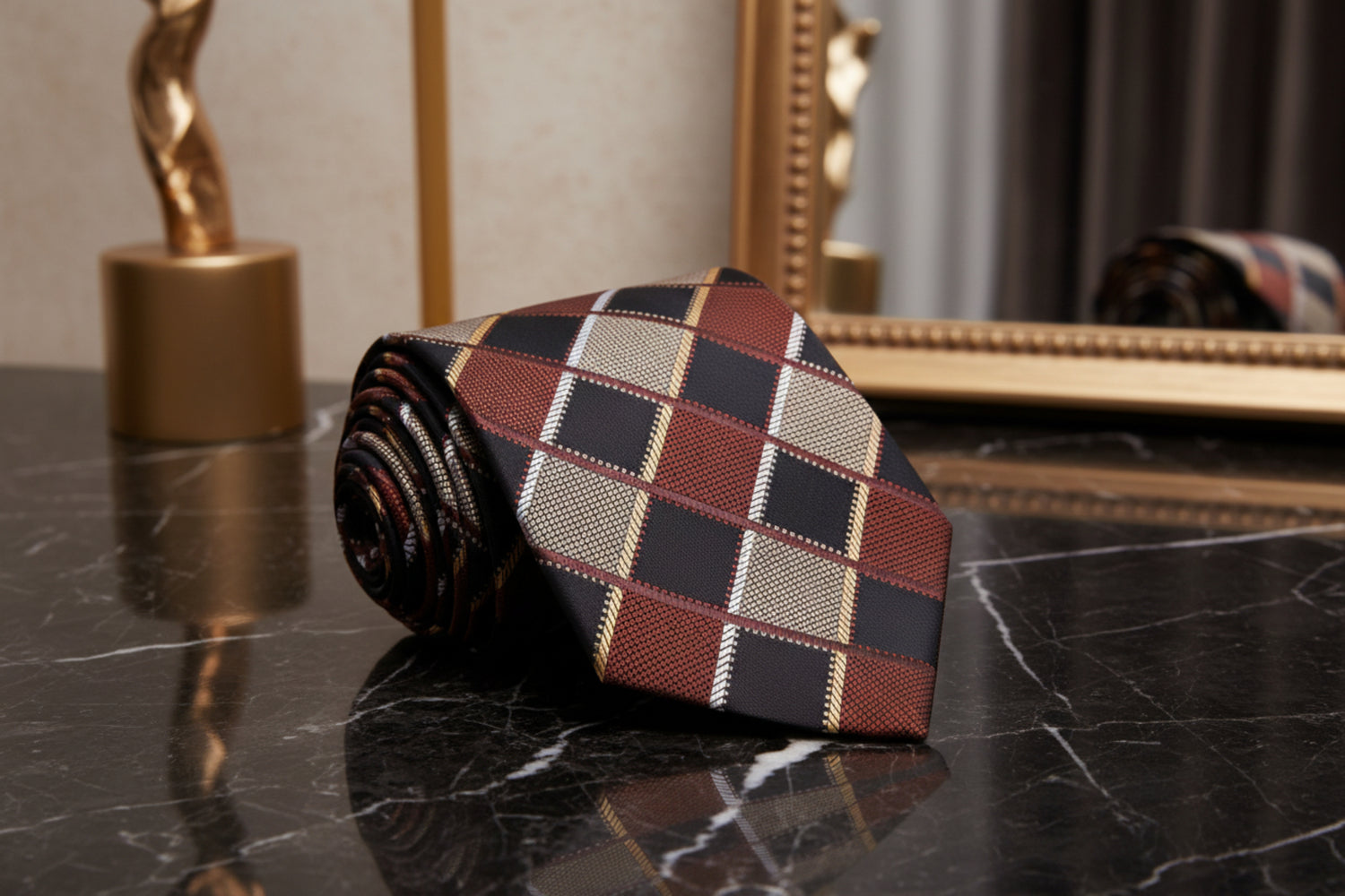 A Brown, Light Brown Geometric Diamond Pattern Necktie 