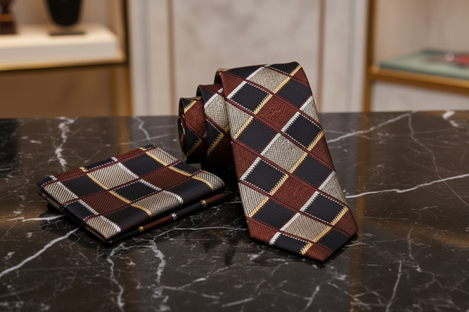 Alt View: A Brown, Light Brown Geometric Diamond Pattern Necktie, Matching Pocket Square