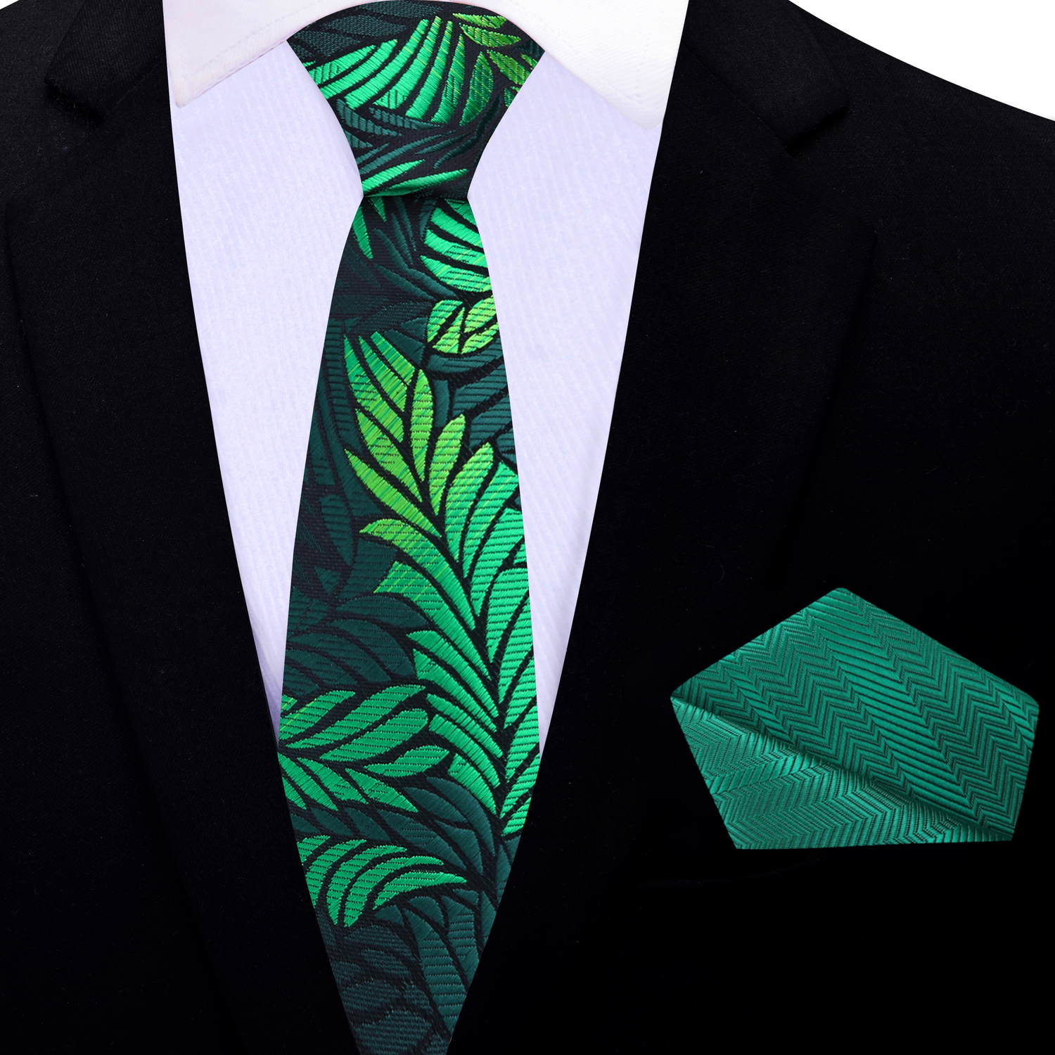 Thin Tie: Shades of Green Abstract Feather Necktie and Accenting Green Pocket Square