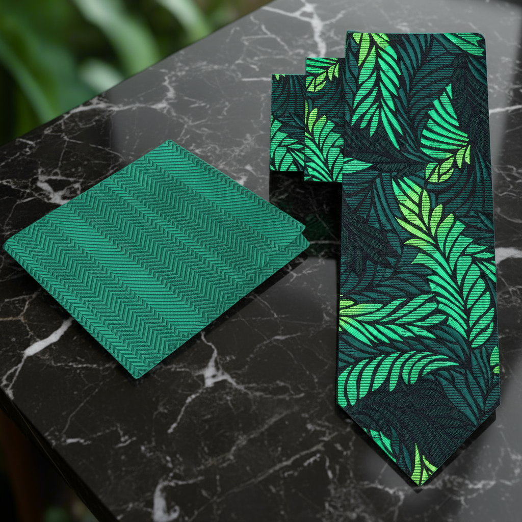 Alt View: Shades of Green Abstract Feather Necktie and Accenting Green Pocket Square