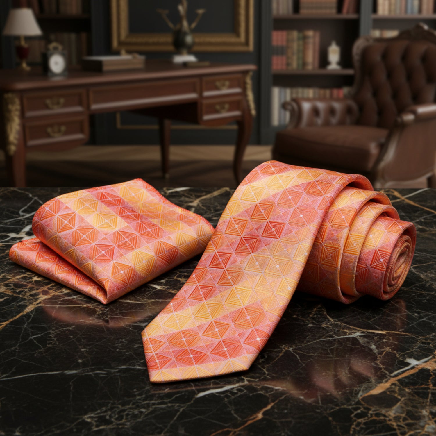 Alt View; Shades of Orange Geometric Necktie and Matching Square
