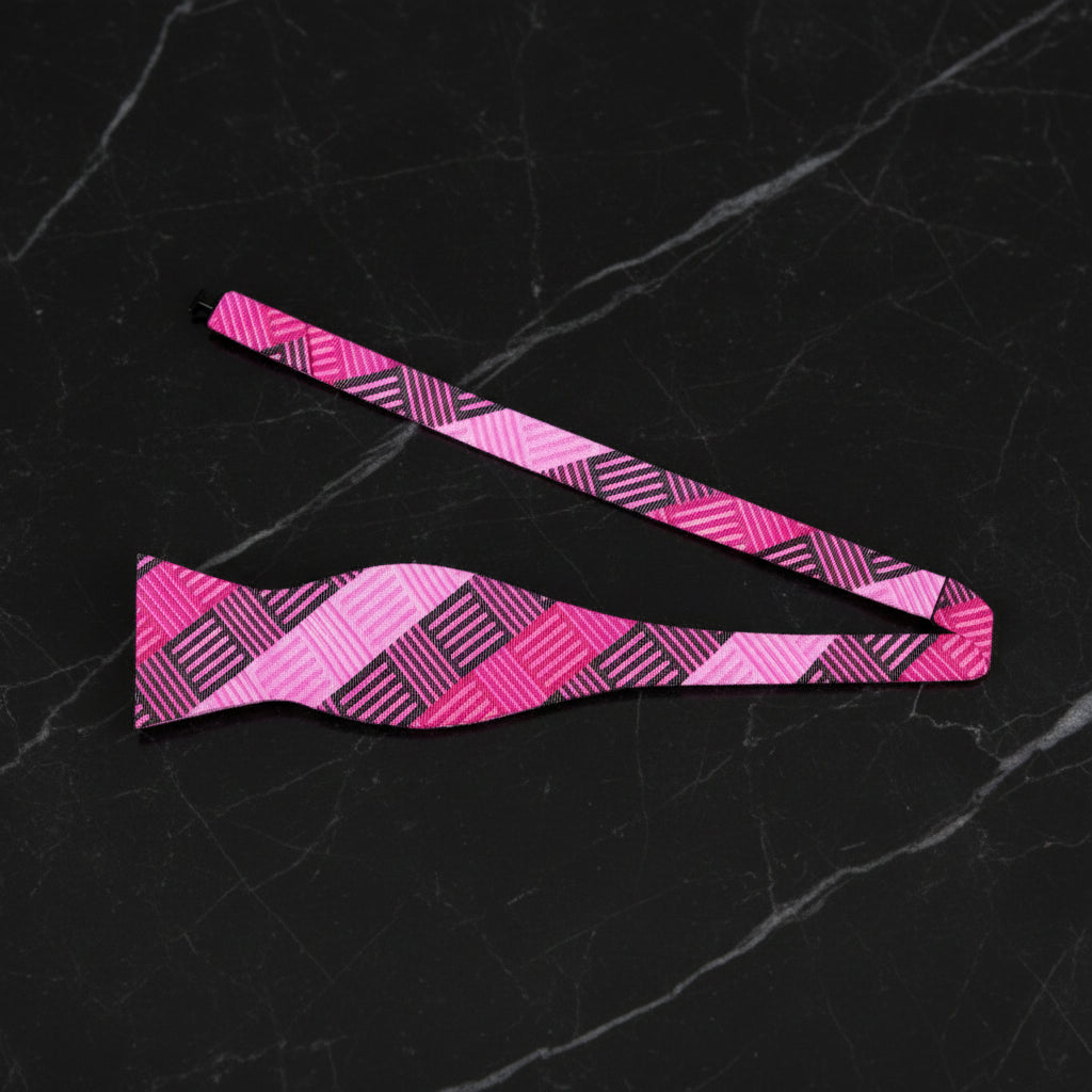 A Pink, Dark Pink Geometric Diamonds Pattern Self Tie Bow Tie Untied
