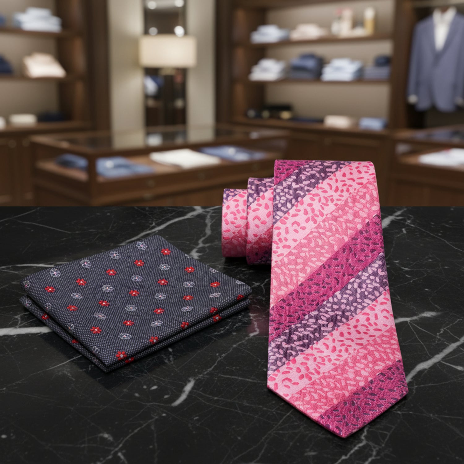 Alt View: Shades of Pink with stripes and texture tie and accenting grey and pink floral pocket square