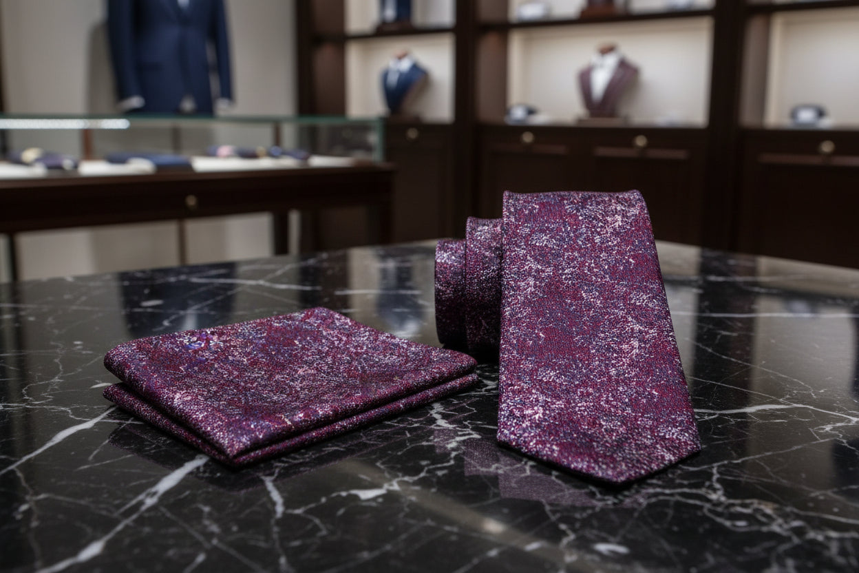 Alt View: A Fury Red, Peach Sand, Midnight Blue Color Textured Pattern Tie, Pocket Square
