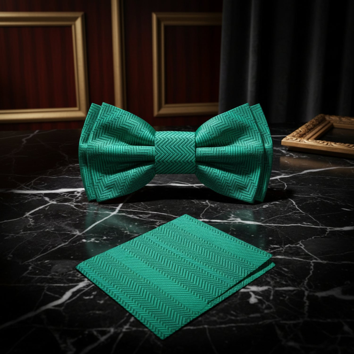 A Solid Shamrock Green Pattern Silk Self Tie Bow Tie, Matching Pocket Square