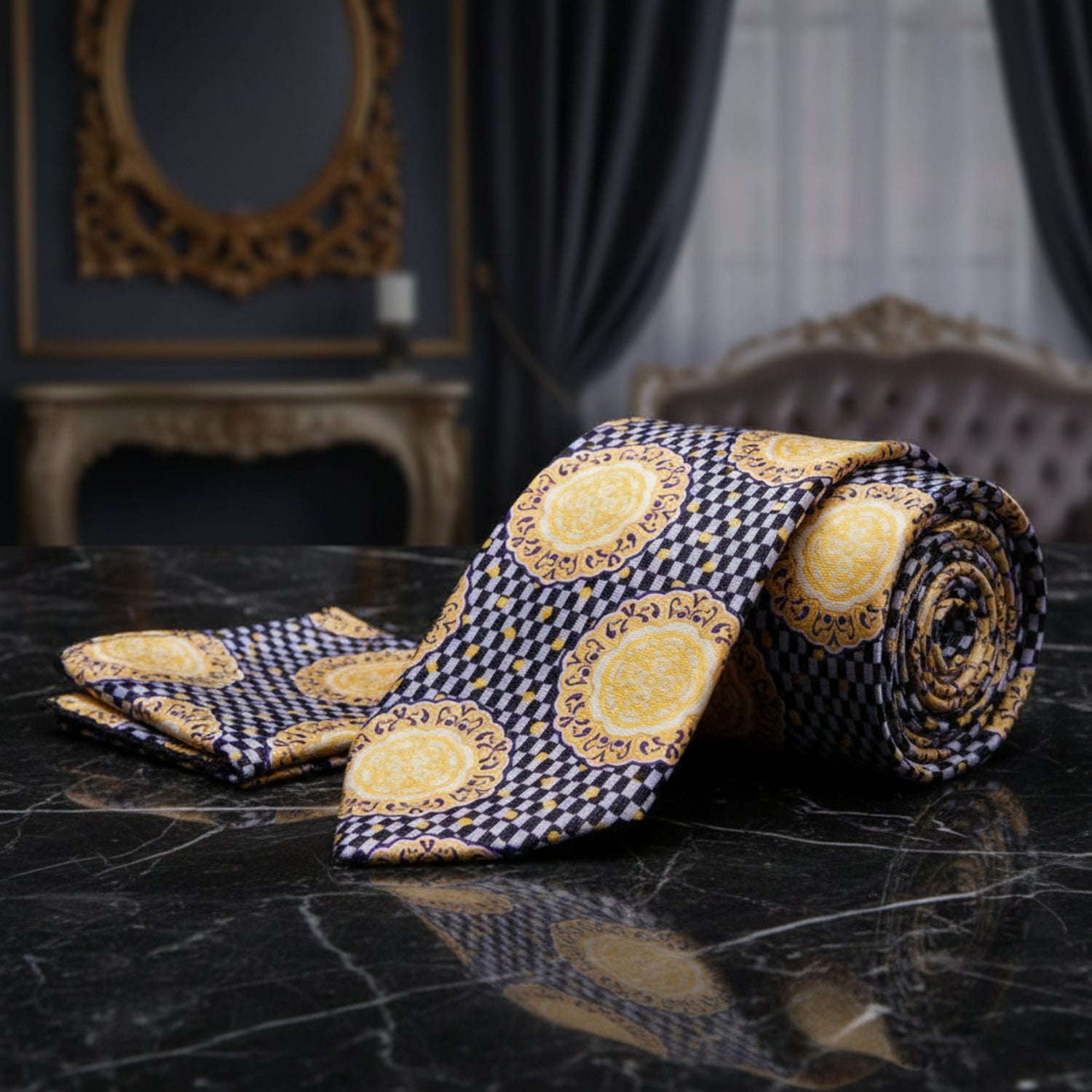 View 2 A Yellow Medallion, Purple, Black, Light Grey Color Abstract Pattern Necktie, Pocket Square