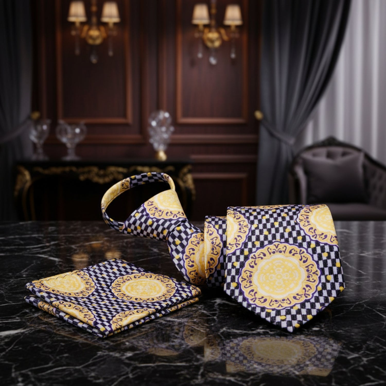 View 3 A Yellow Medallion, Purple, Black, Light Grey Color Abstract Pattern Necktie, Pocket Square