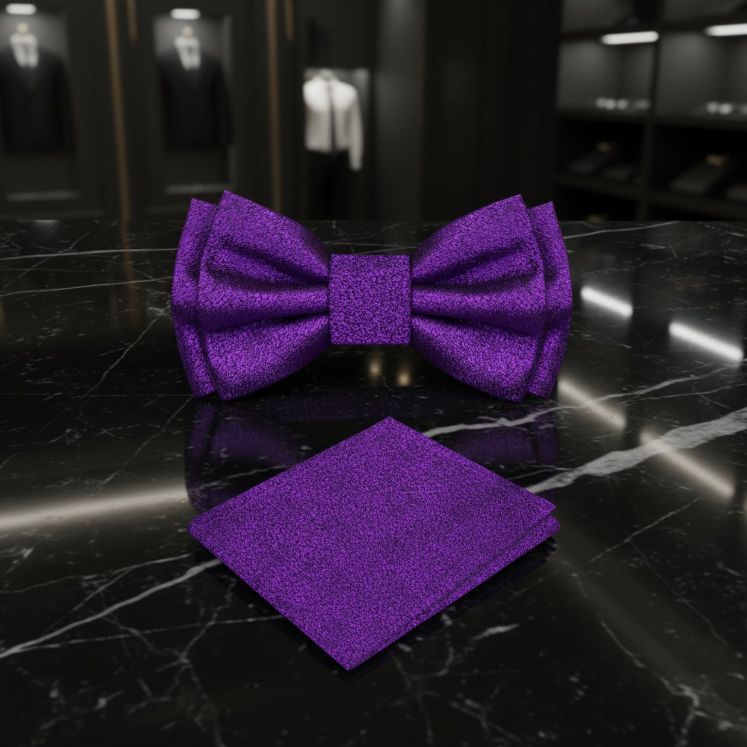 Solid Deep Purple With Texture Bow Tie and Pocket Square