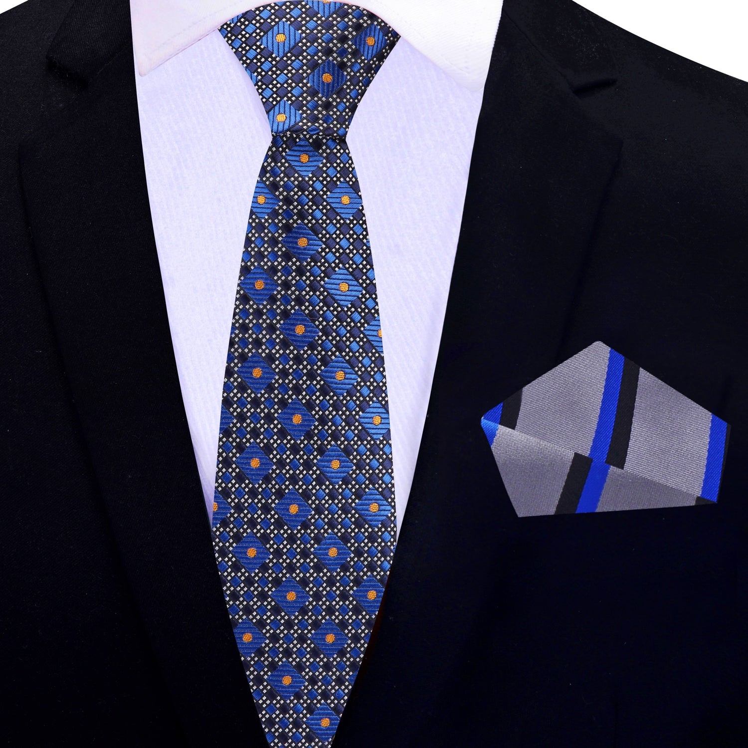 Thin Tie: Blue, Yellow Gold Geometric Tie and Grey, Blue, Black Stripe Square