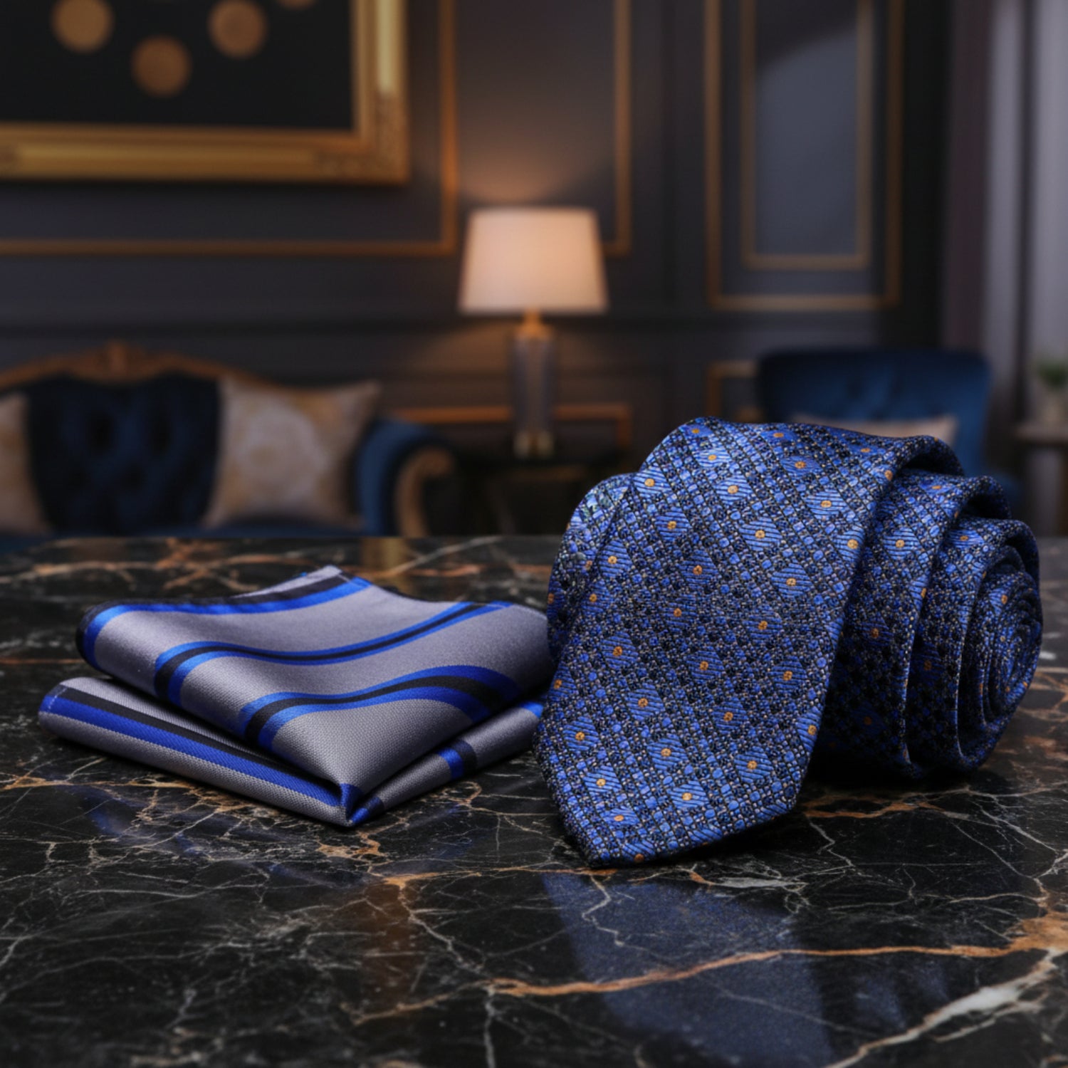 Alt View: Blue, Yellow Gold Geometric Tie and Grey, Blue, Black Stripe Square