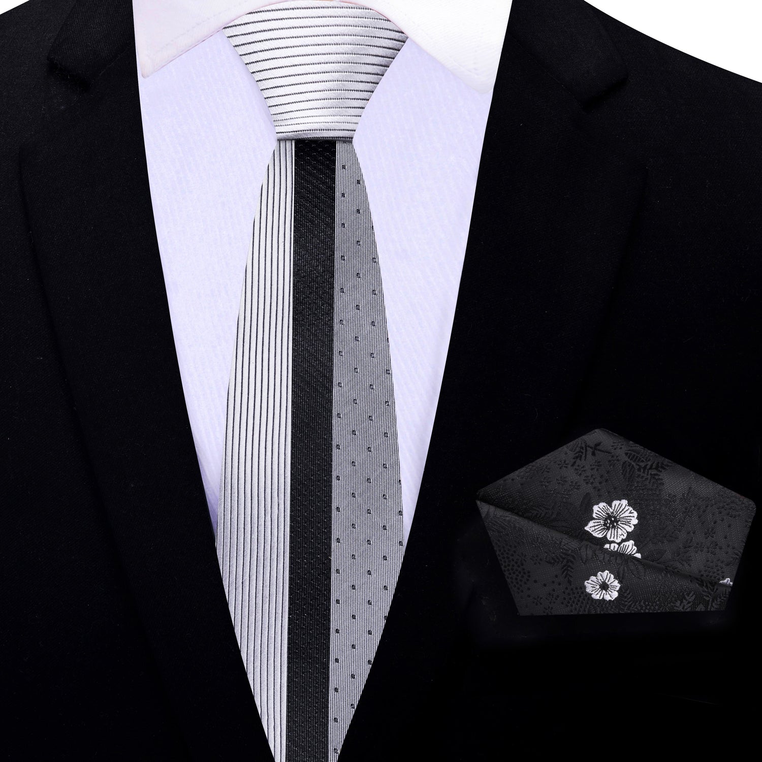 Thin Tie: Silver, Black Lined Tie and Black Floral Pocket Square