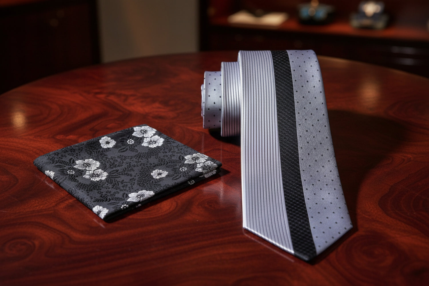 Alt View: Silver, Black Lined Tie and Black Floral Pocket Square