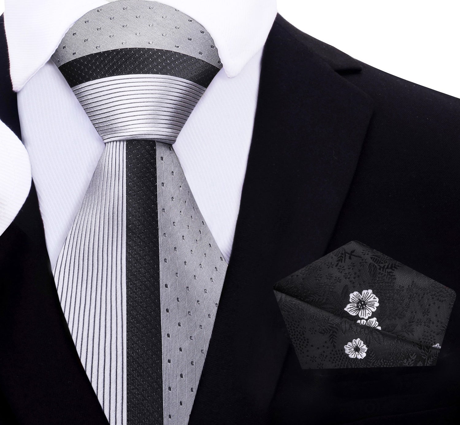Silver, Black Lined Tie and Black Floral Pocket Square