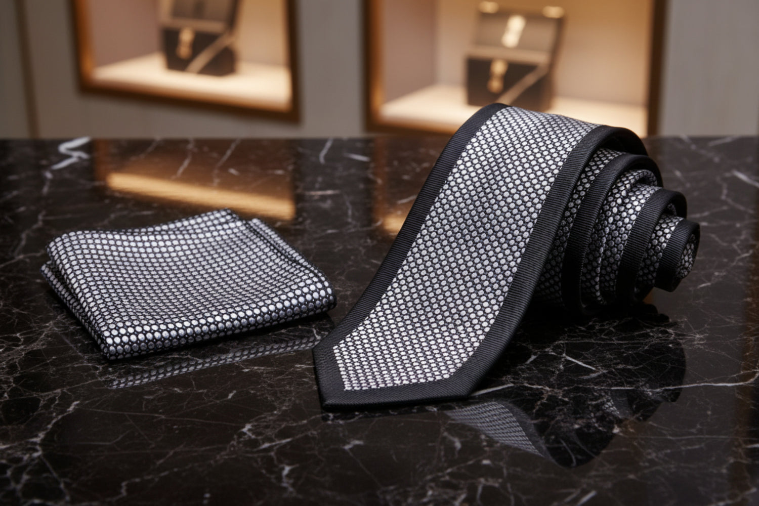Alt View: Silver, Black Geometric Tie and Pocket Square