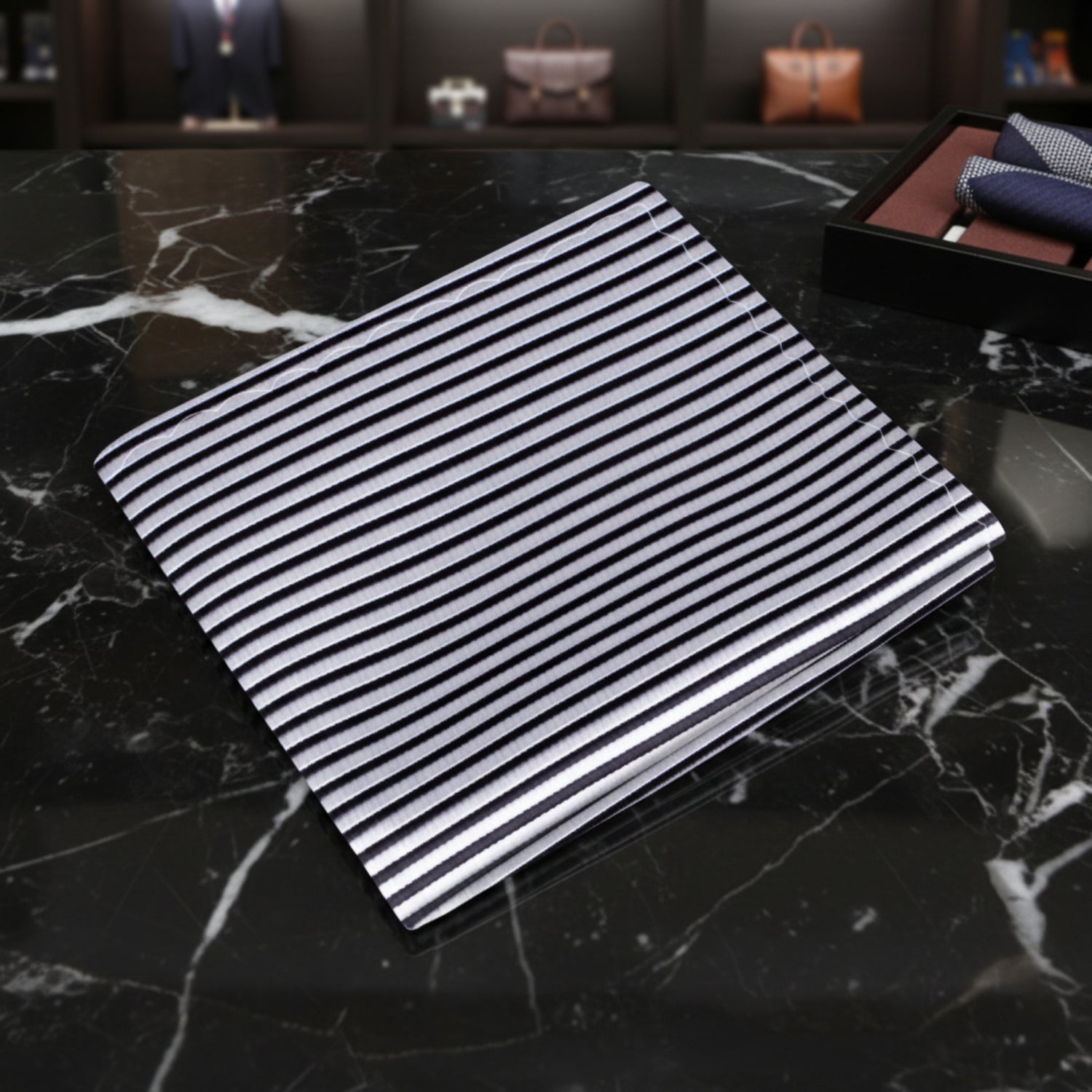 A Grey, Black Pinstripe Pattern Pocket Square
