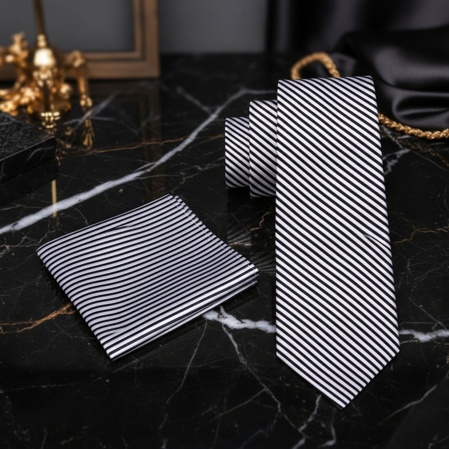 Alt View: A Silver, Dark Silver Pinstripe Pattern Necktie, Matching Pocket Square