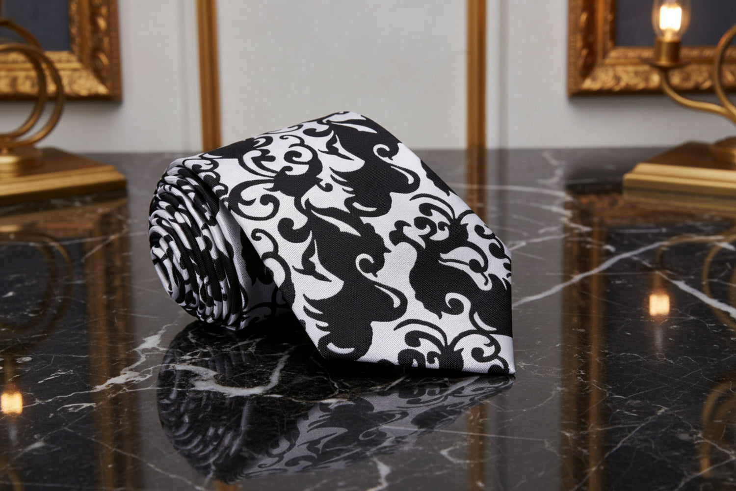 A Black, Light Silver Vine Floral Pattern Necktie 