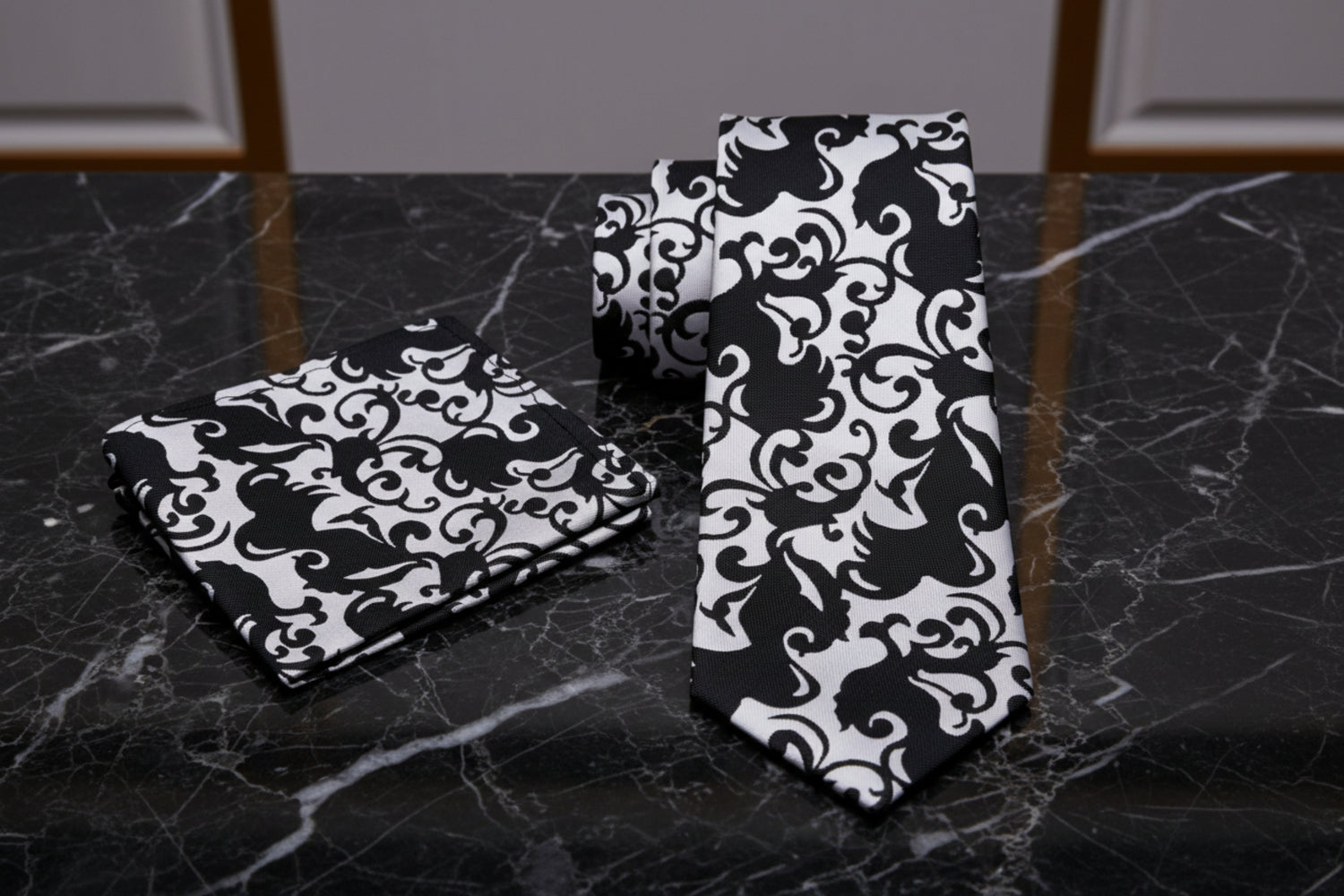 Alt View: A Black, Light Silver Vine Floral Pattern Necktie, Matching Pocket Square