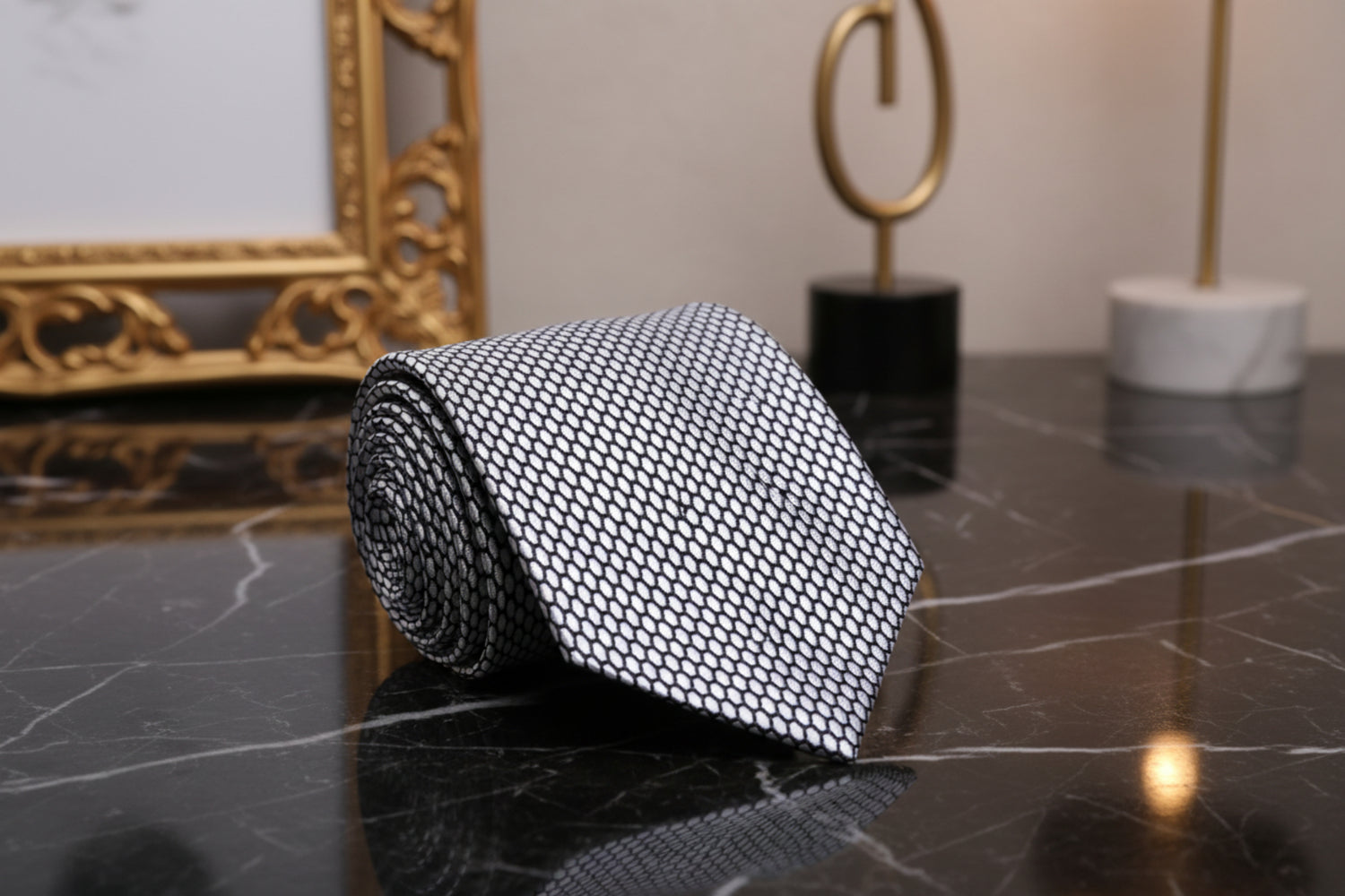 A Silver, Black Geometric Oval Shaped Pattern Necktie 