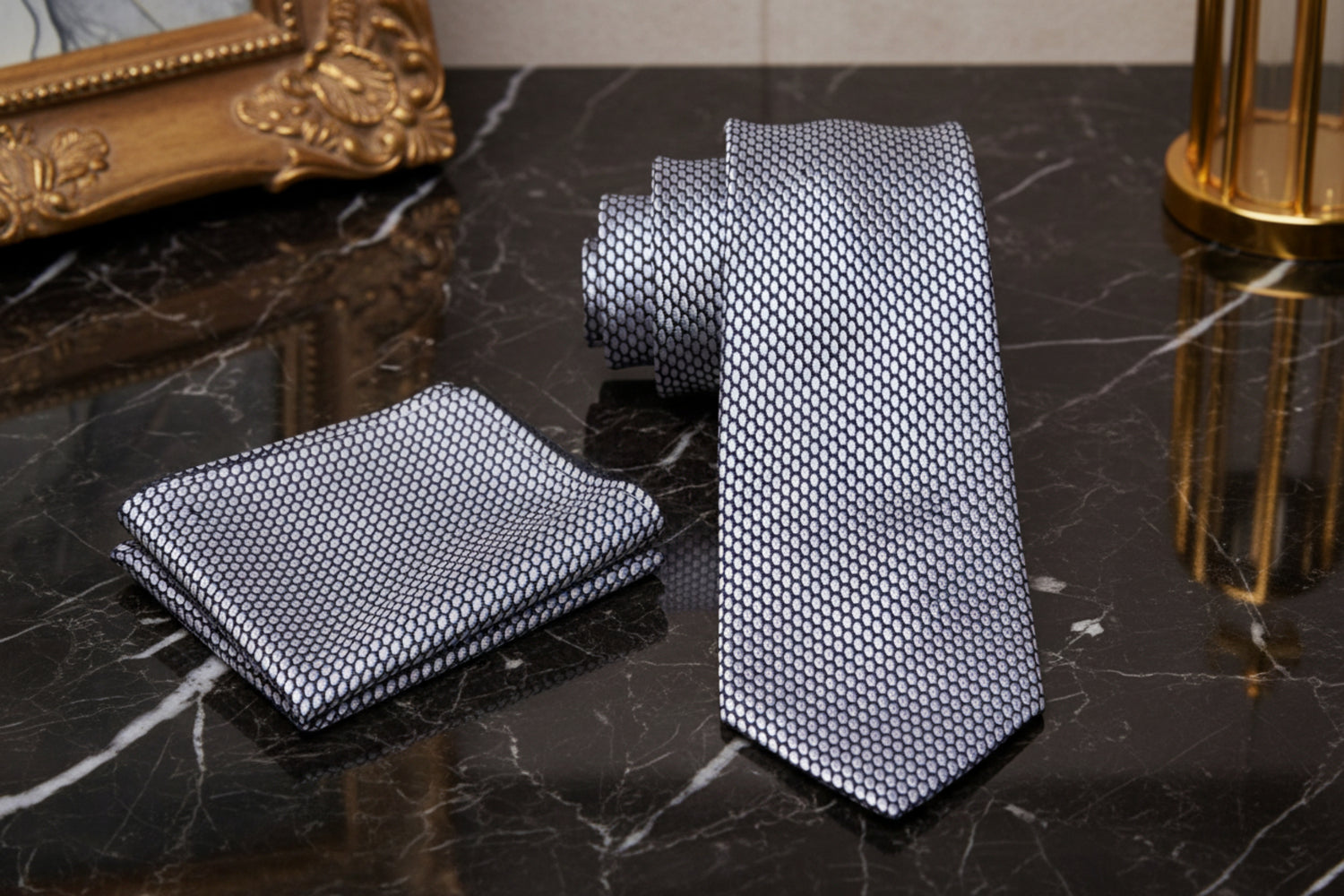 Alt View: A Silver, Black Geometric Oval Shaped Pattern Necktie, Matching Pocket Square