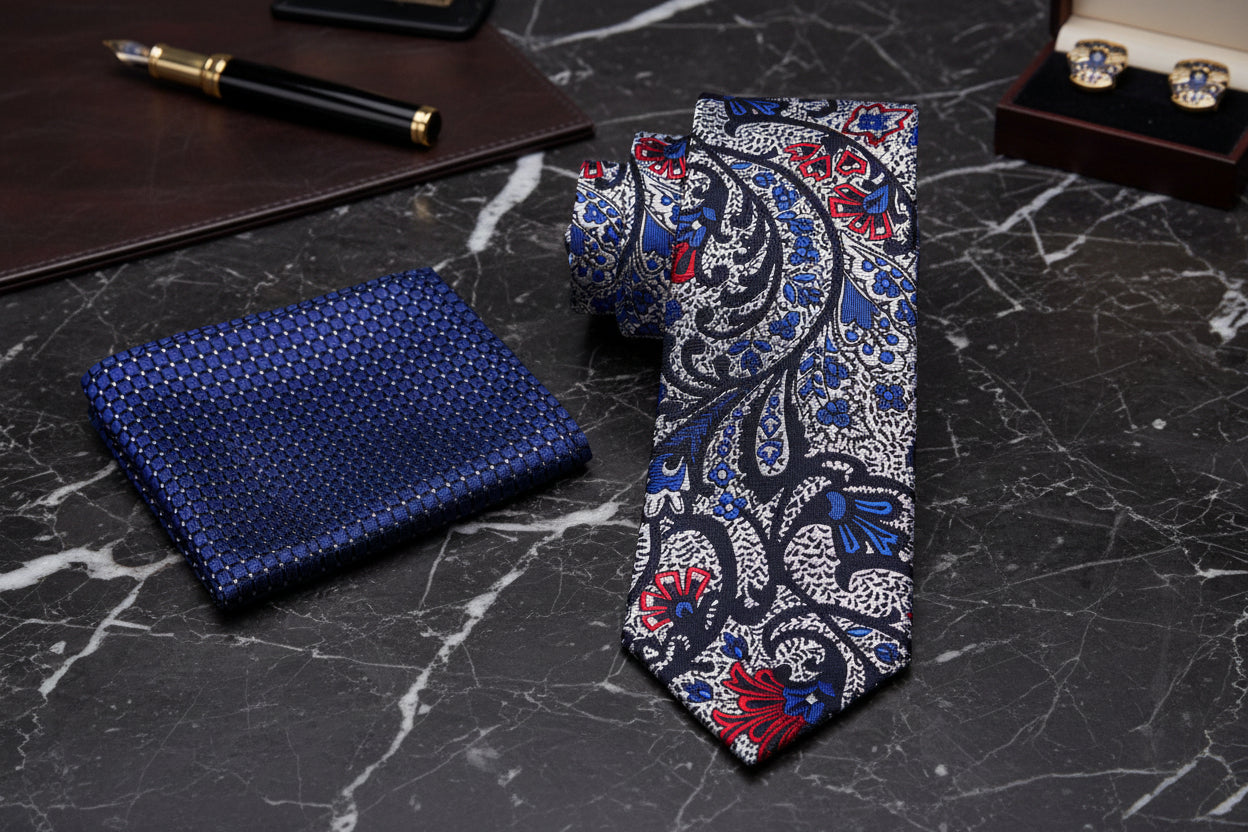 Alt View: Silver Red Blue Paisley Tie and Blue Square