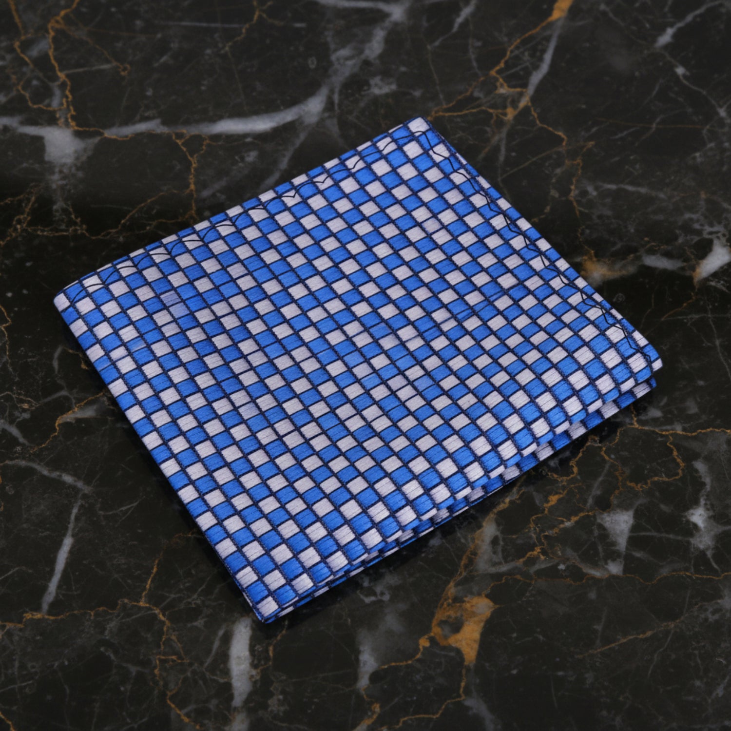 A Blue, Silver Small Geometric Diamonds Pattern Pocket Square