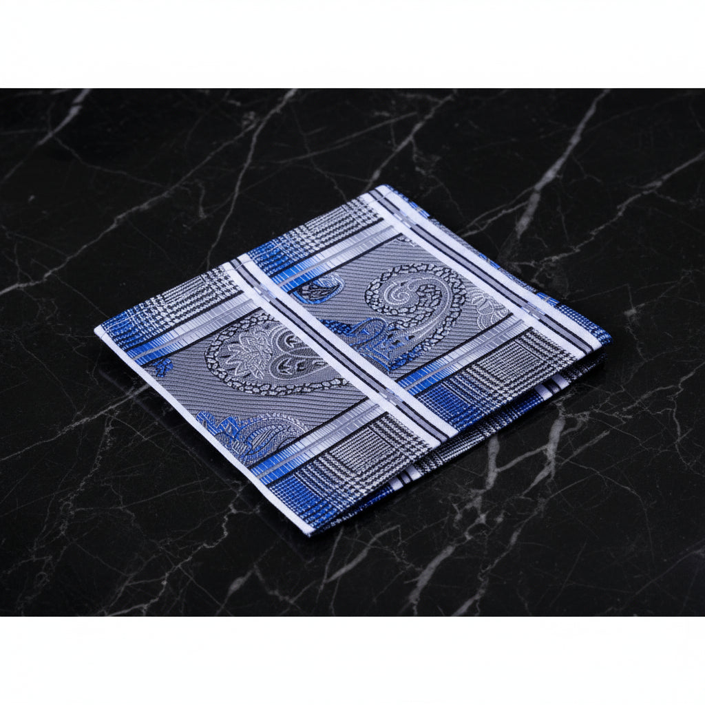 A Silver, Black, Blue Geometric Paisley Pattern Pocket Square