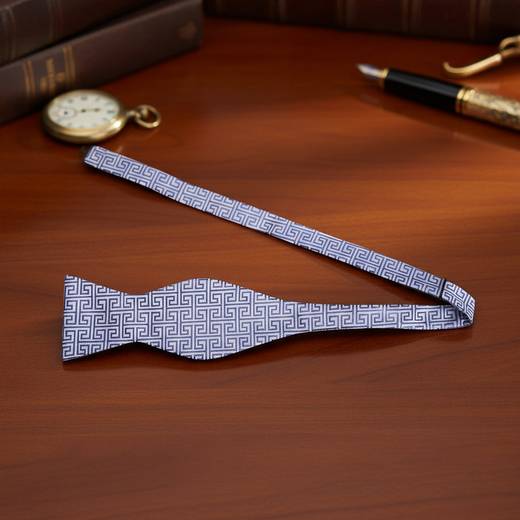 Untied View: A Silver Geometric Pattern Self Tie Bow Tie