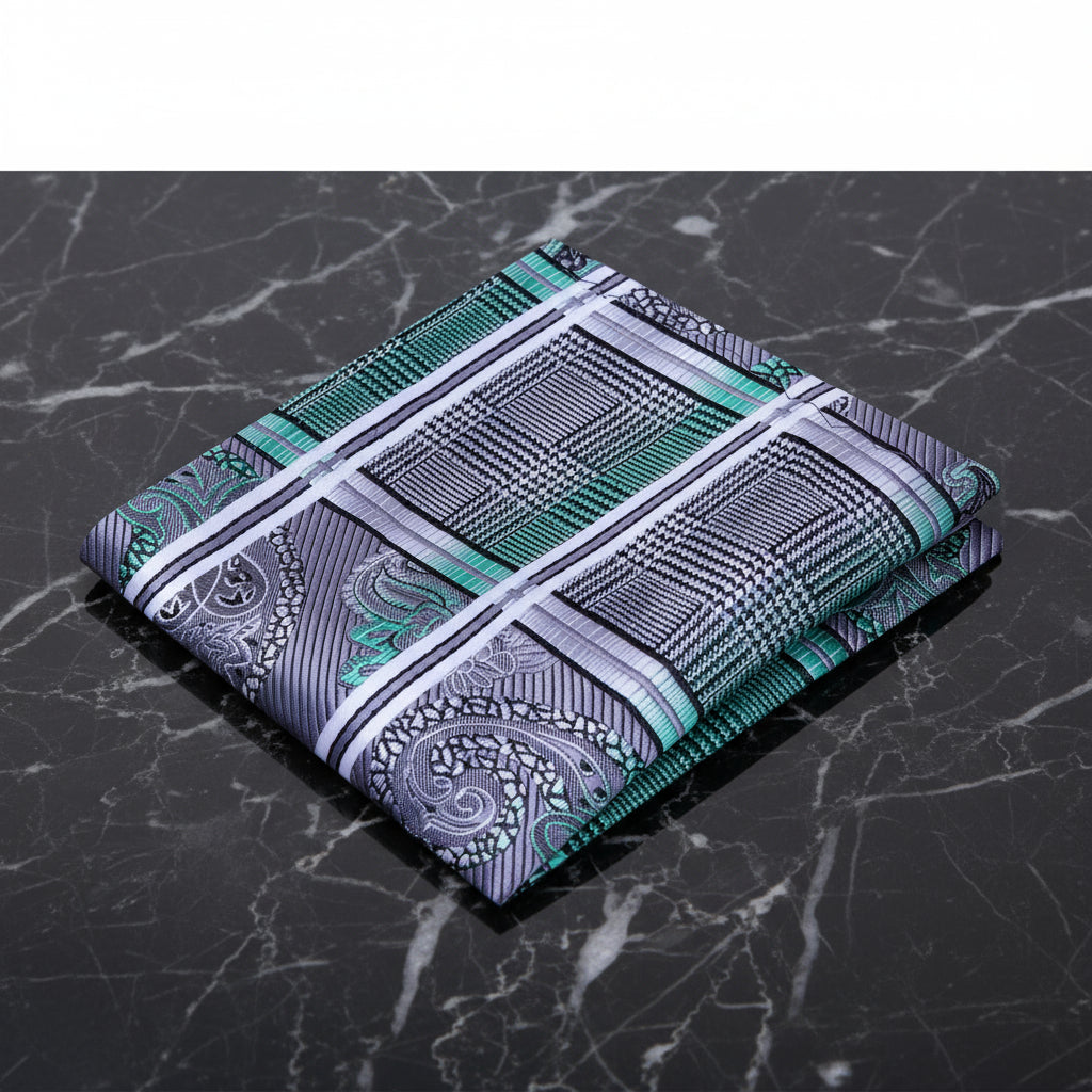 A Silver, Black, Green Geometric Paisley Pattern Pocket Square