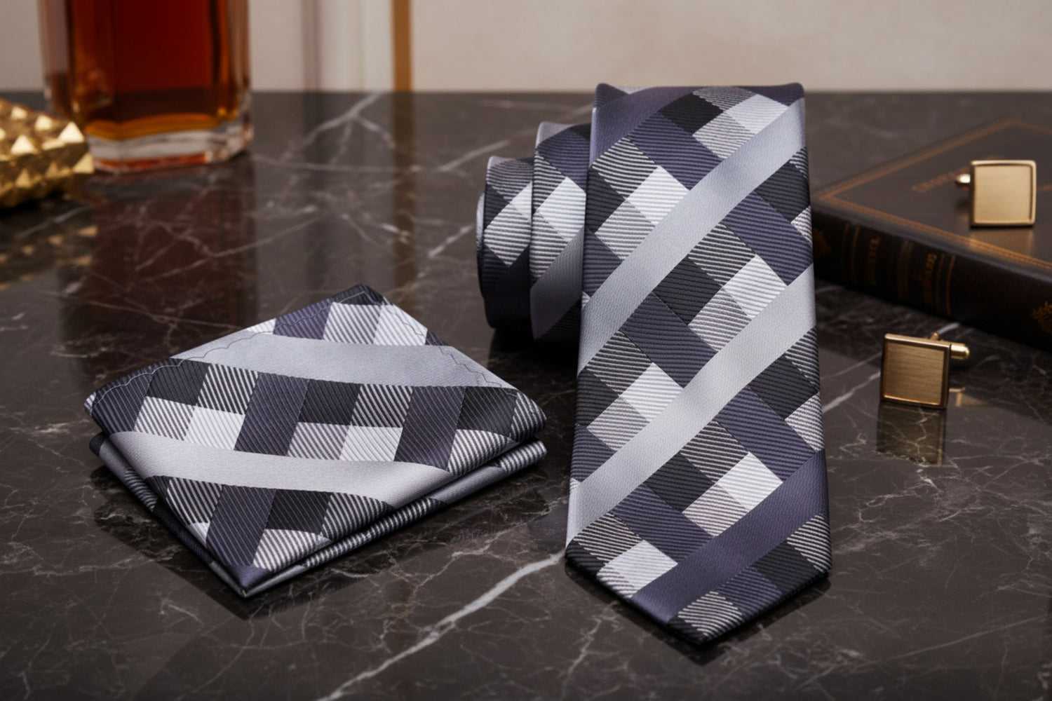 Alt View: Silver, Black Check Tie and Pocket Square