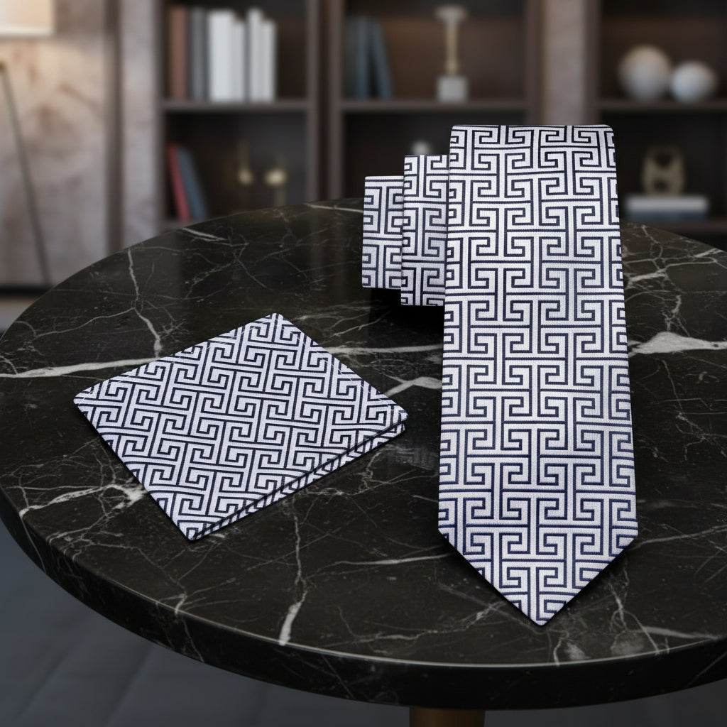 Alt view: A Silver Geometric Pattern Necktie, Matching Pocket Square