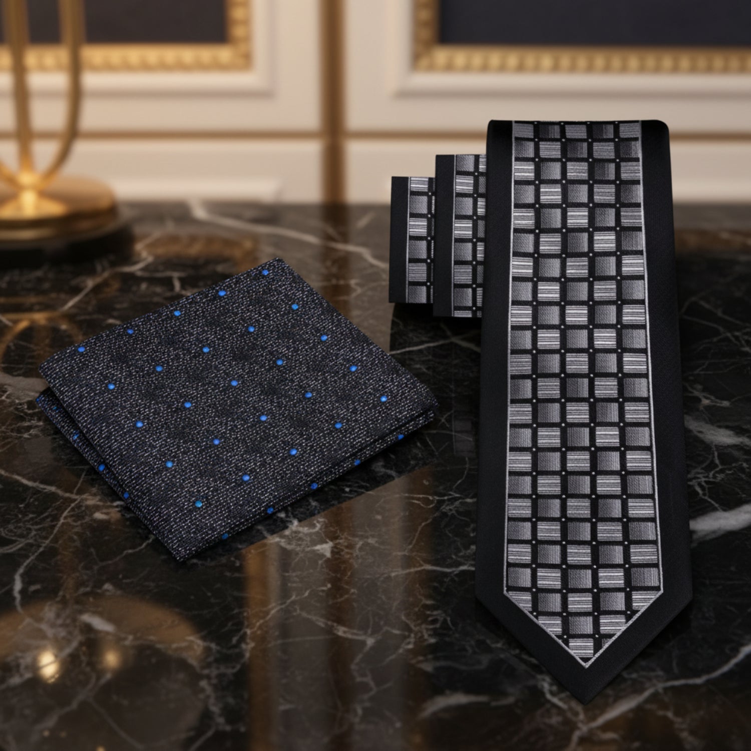 Alt View: Grey, Black Geometric Necktie and Accenting Square