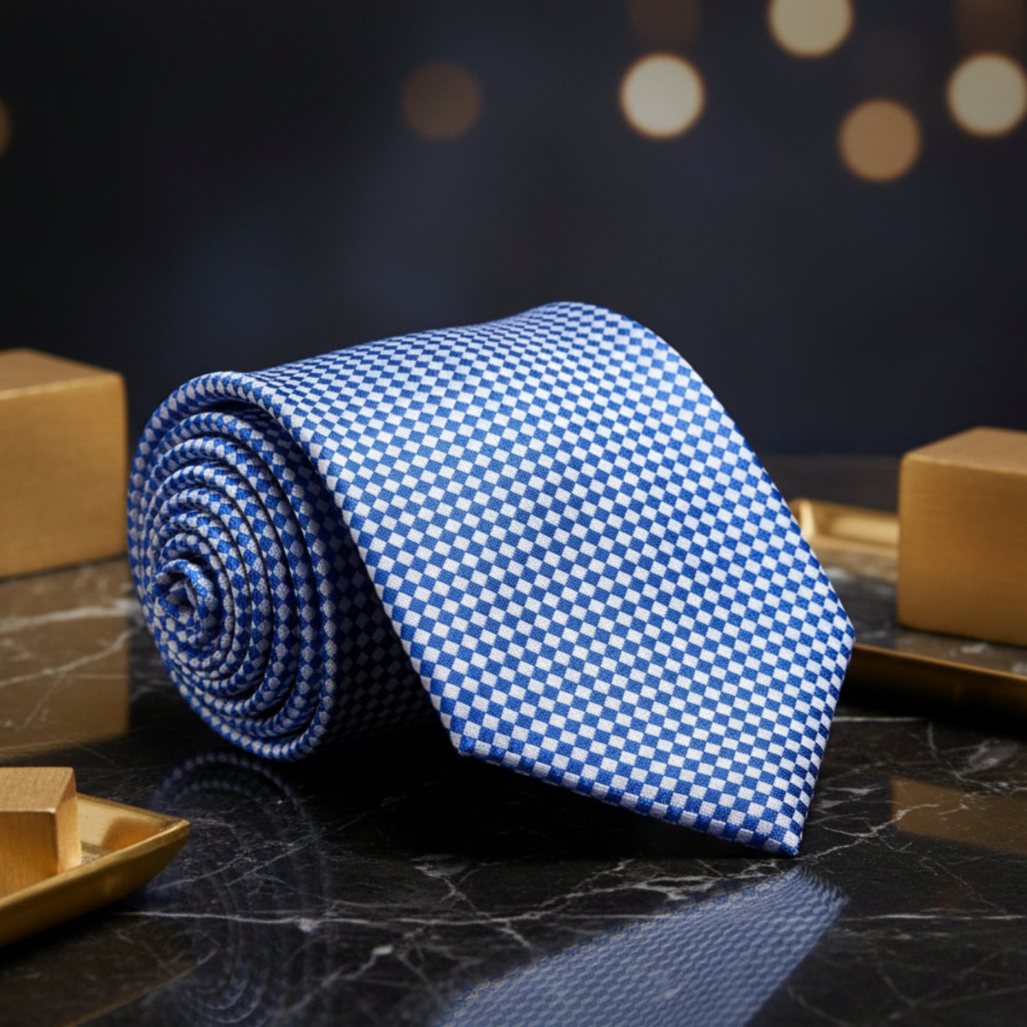 A Light Blue, Light Grey Check Pattern Necktie 
