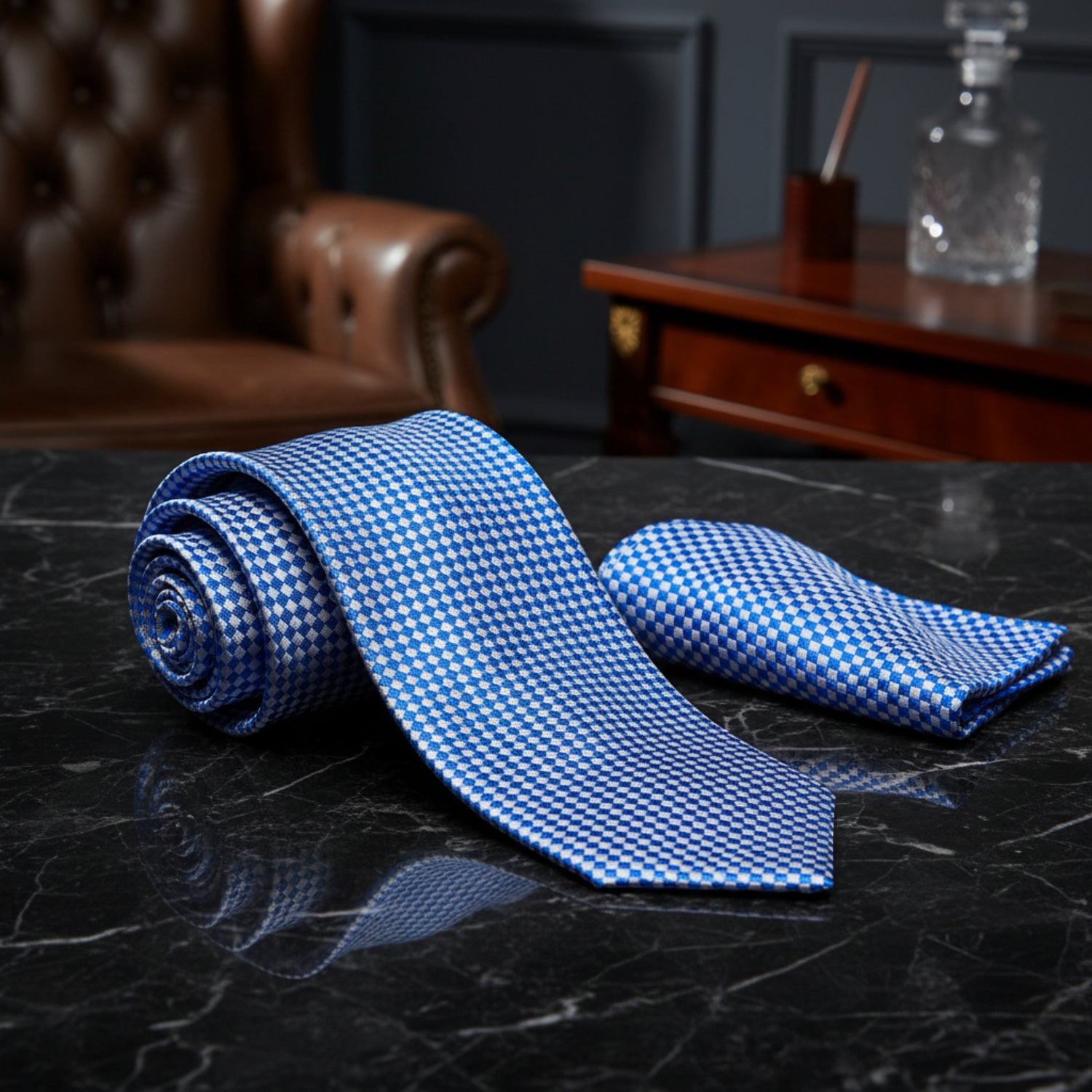 Alt View: A Light Blue, Light Grey Check Pattern Necktie, Matching Pocket Square