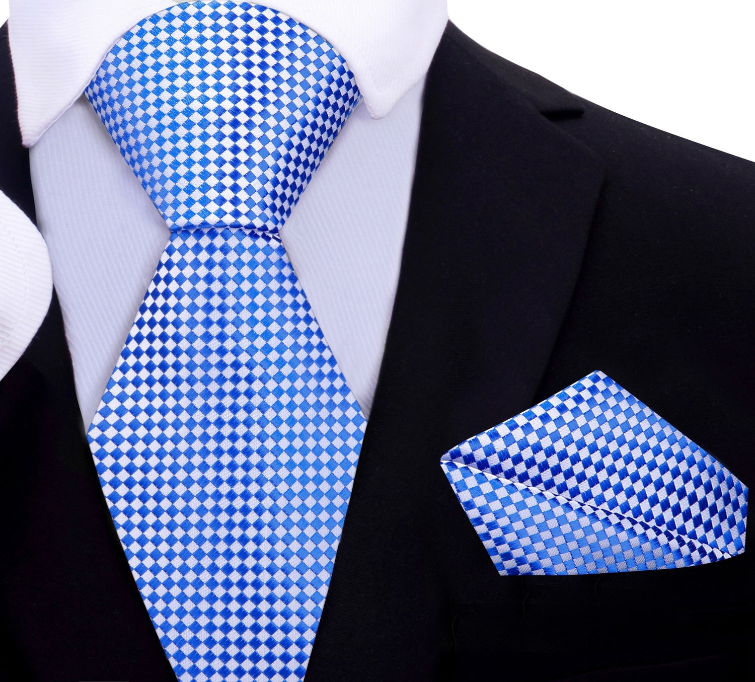 A Light Blue, Light Grey Check Pattern Silk Necktie, Matching Pocket Square