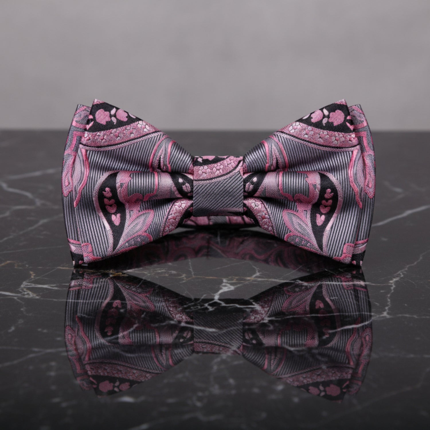 Silver, Pink and Black Paisley Bow Tie Pre Tied