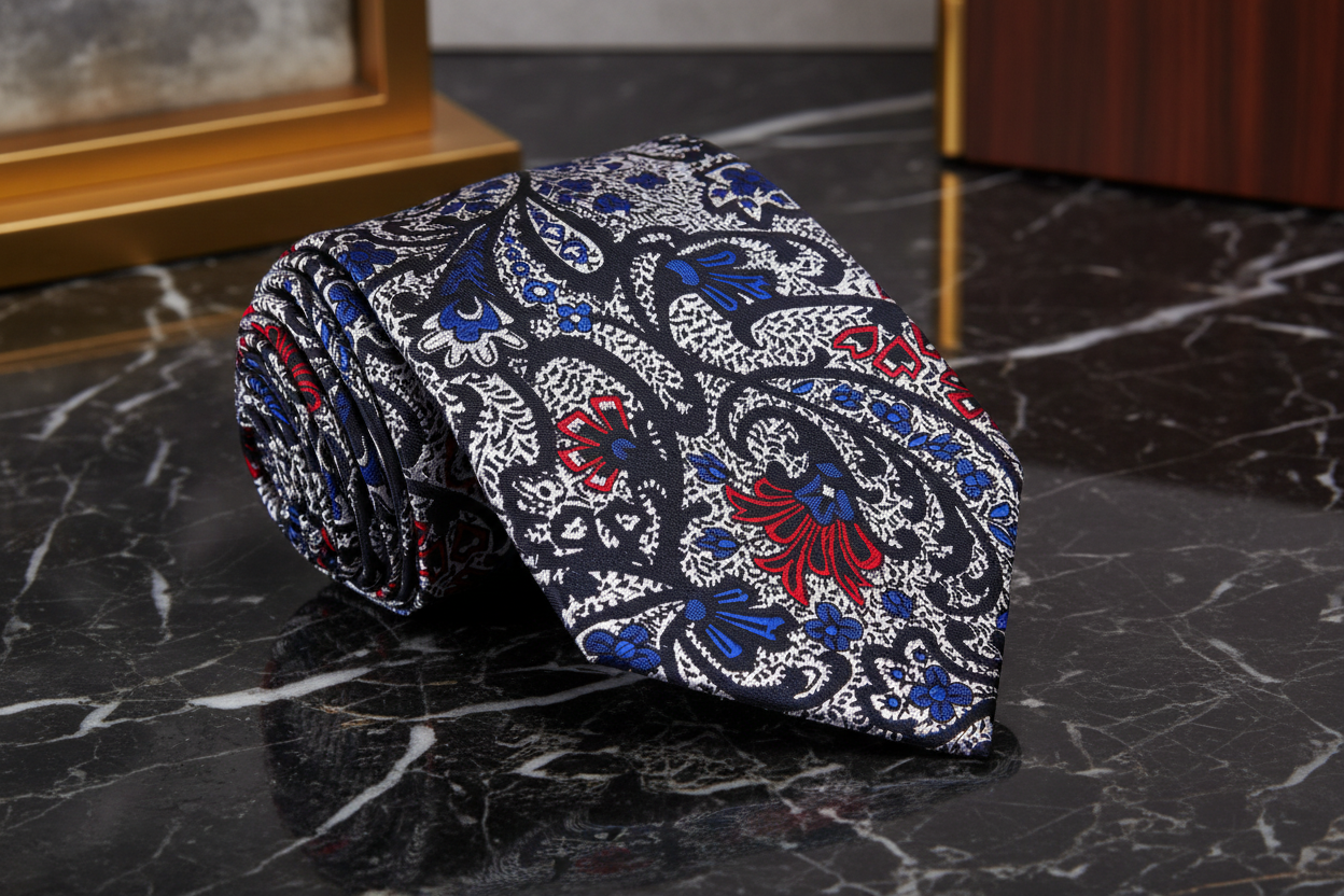 Silver Red Blue Paisley Tie  