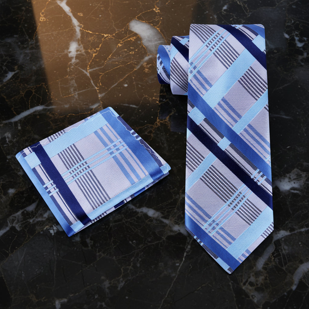 Alt View: A Silver, Blue Light Blue, Ice Blue Plaid Pattern Necktie, Pocket Square