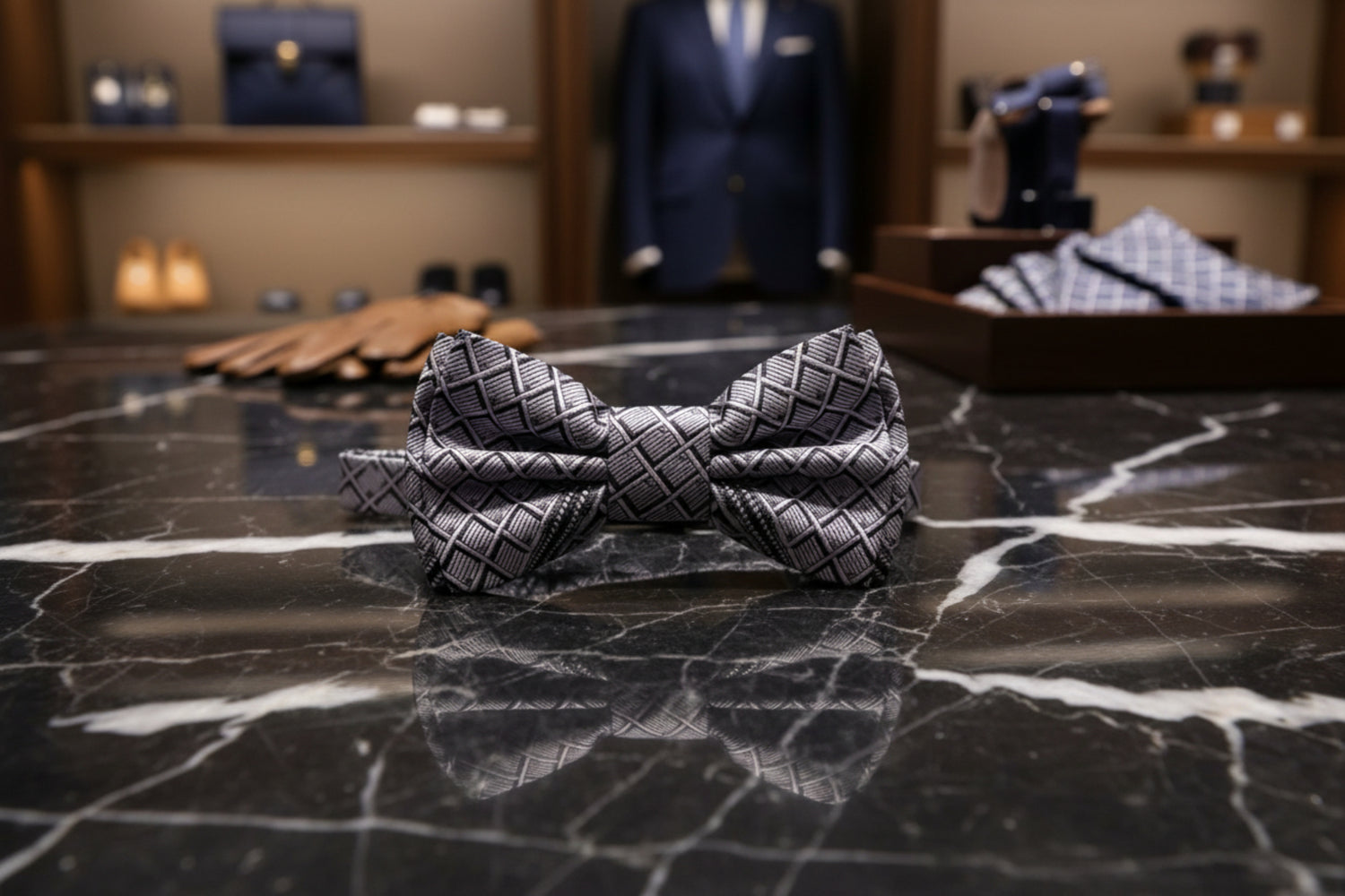 A Grey, Black Geometric Squares Pattern Self-Tie Bow Tie 